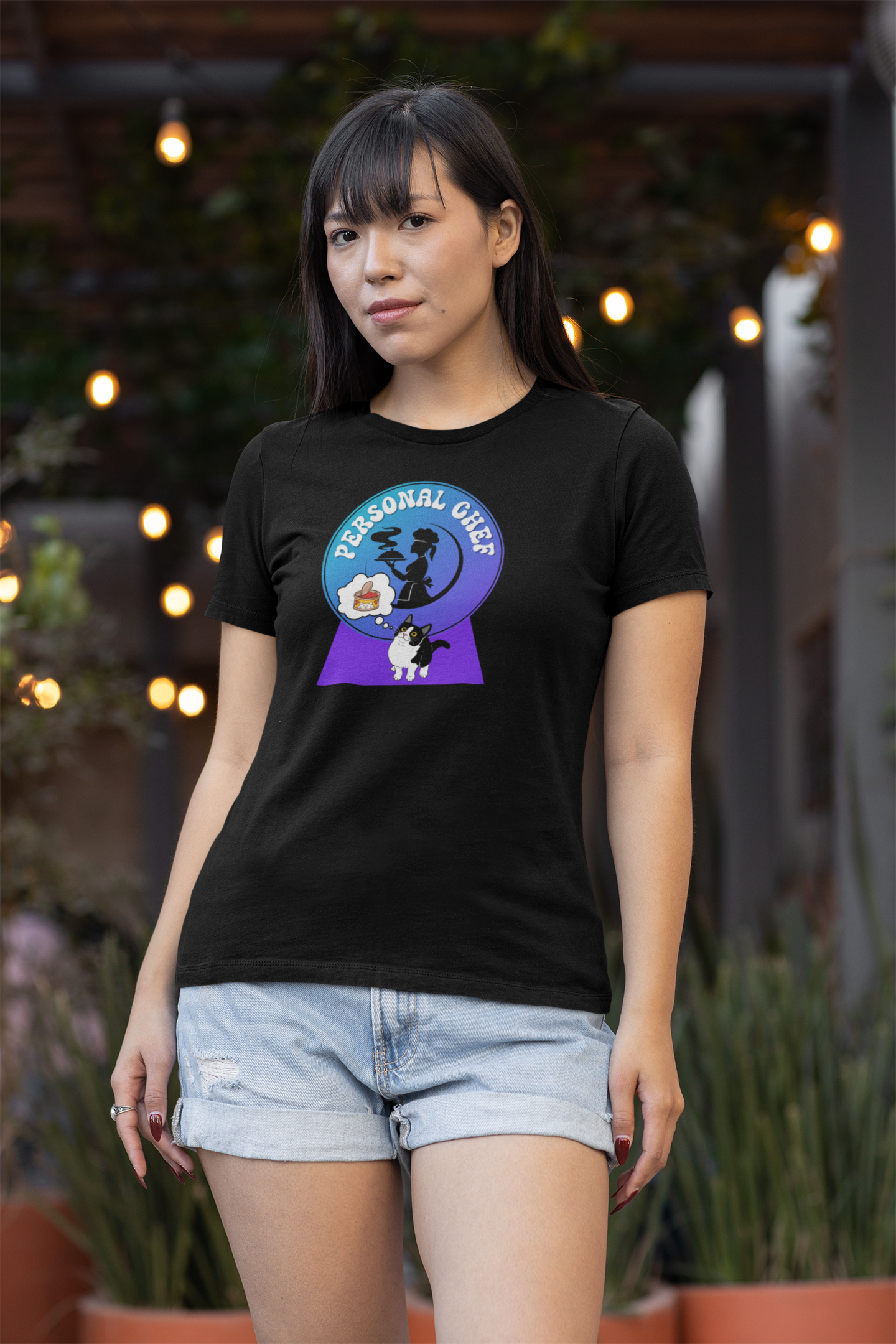 Personal Chef for Cats T-Shirt - (#9 - B/W Cat & Chef Silhouette Blue Purple Design - Unisex Jersey Tee ā Perfect for Cat Care Givers!)