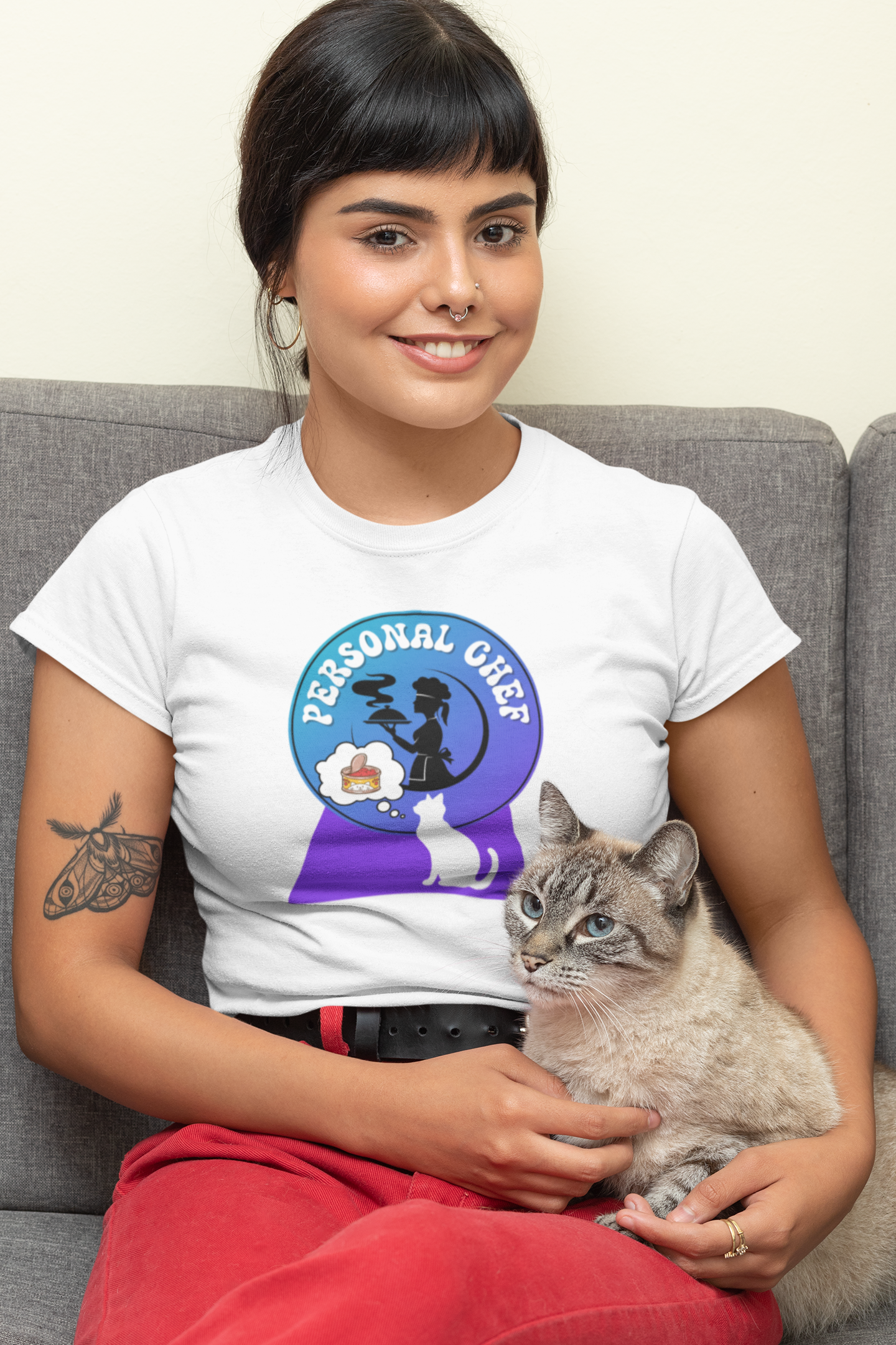Personal Chef for Cats T-Shirt - (#10 - White Cat & Chef Silhouettes Blue Purple Design - Unisex Jersey Tee – Perfect for Cat Care Givers!)