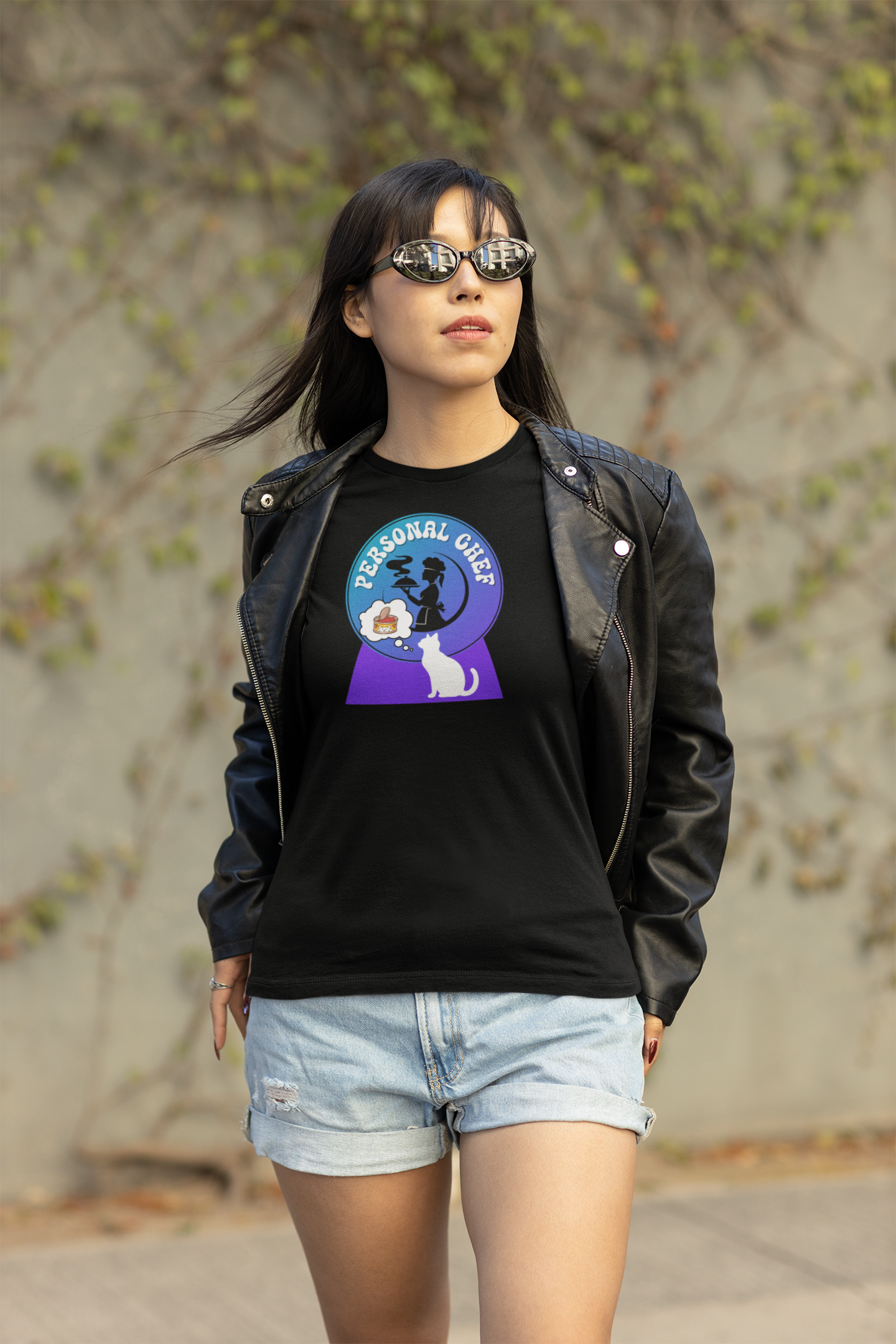 Personal Chef for Cats T-Shirt - (#10 - White Cat & Chef Silhouettes Blue Purple Design - Unisex Jersey Tee – Perfect for Cat Care Givers!)