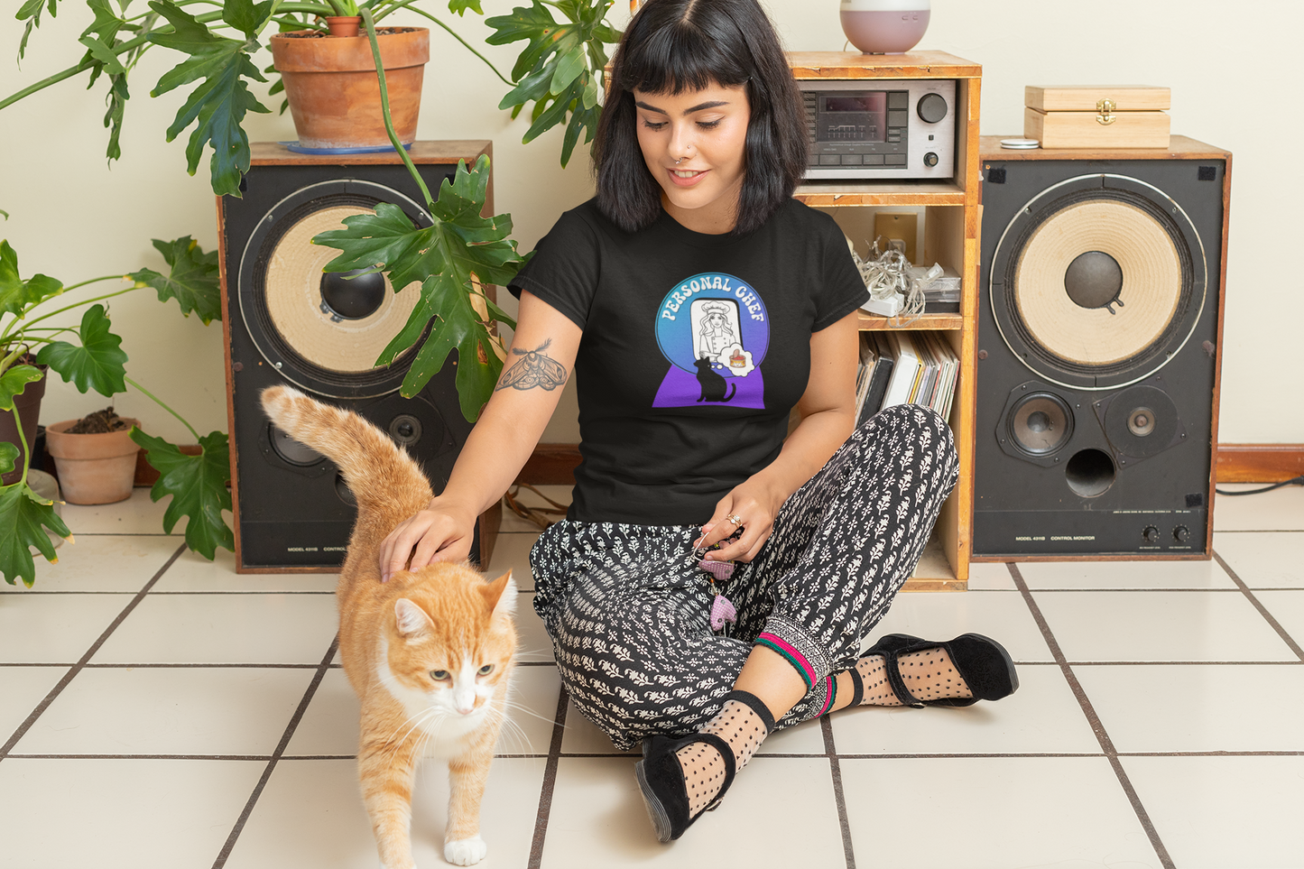 Personal Chef for Cats T-Shirt - (#11 - Black Cat Silhouette & Chef Blue Purple Design - Unisex Jersey Tee – Perfect for Cat Care Givers!)