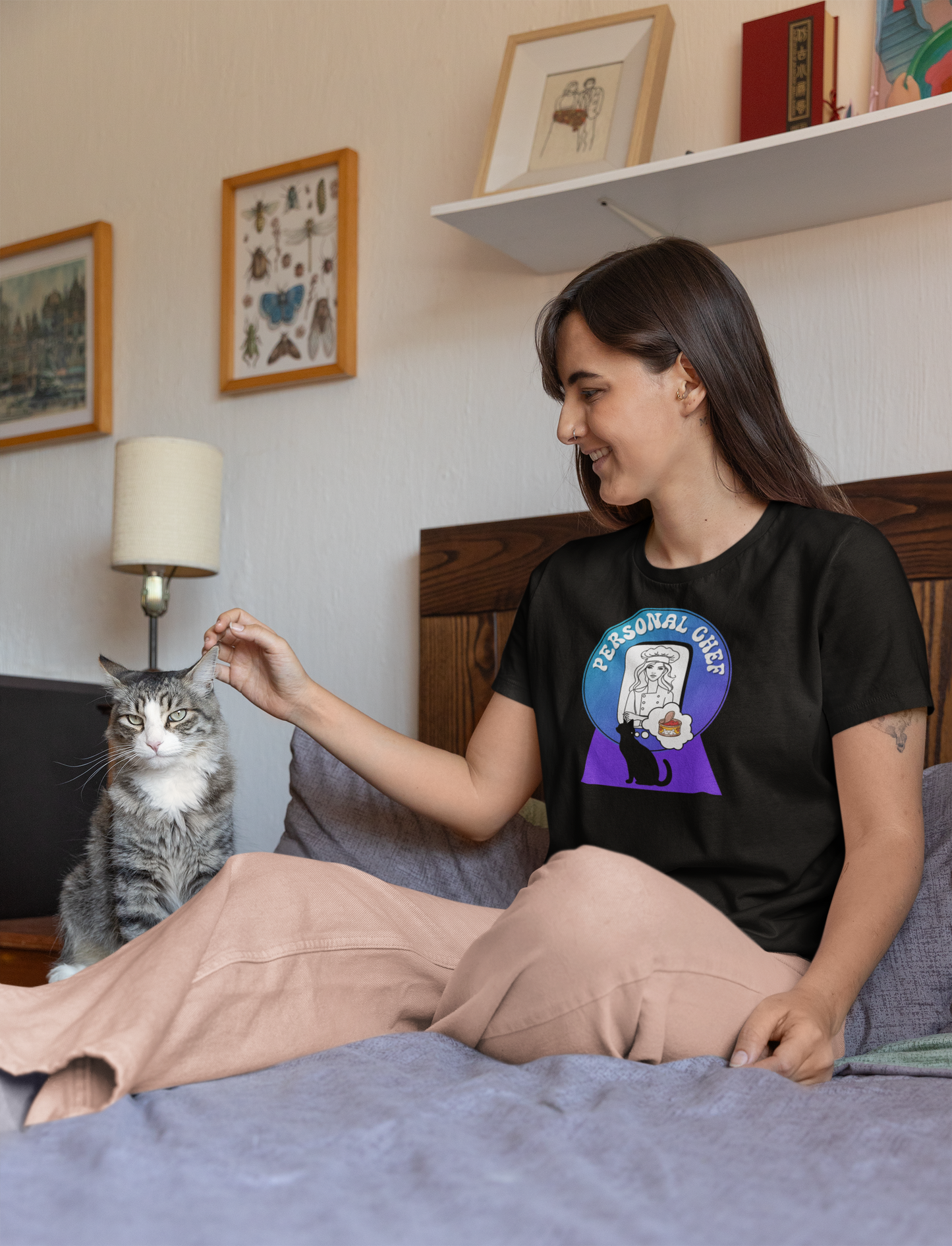 Personal Chef for Cats T-Shirt - (#11 - Black Cat Silhouette & Chef Blue Purple Design - Unisex Jersey Tee – Perfect for Cat Care Givers!)