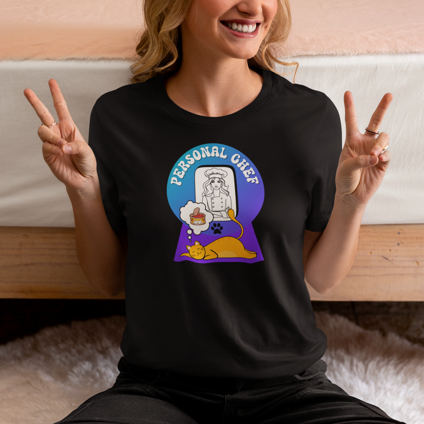 Personal Chef for Cats T-Shirt - (#12 - Orange Cat & Chef Blue Purple Design - Unisex Jersey Tee – Perfect for Cat Care Givers!)