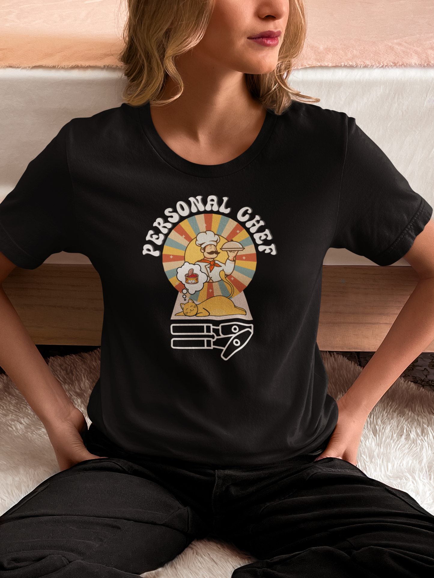 Vintage Style Personal Chef for Cats T-Shirt (#13 - Cat, Chef & Can Opener - Unisex Jersey Tee – Funny Cat Tee)