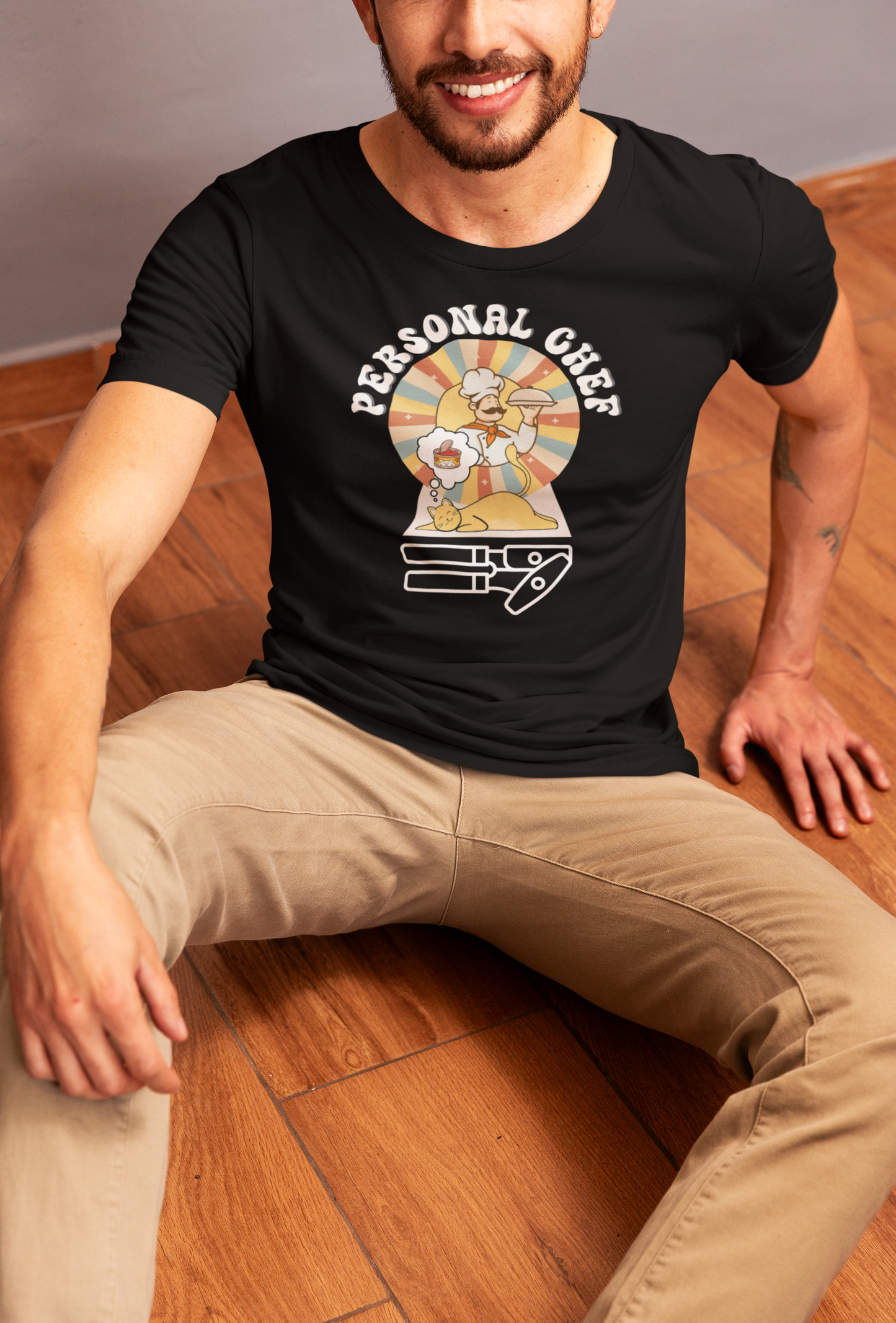 Vintage Style Personal Chef for Cats T-Shirt (#13 - Cat, Chef & Can Opener - Unisex Jersey Tee – Funny Cat Tee)