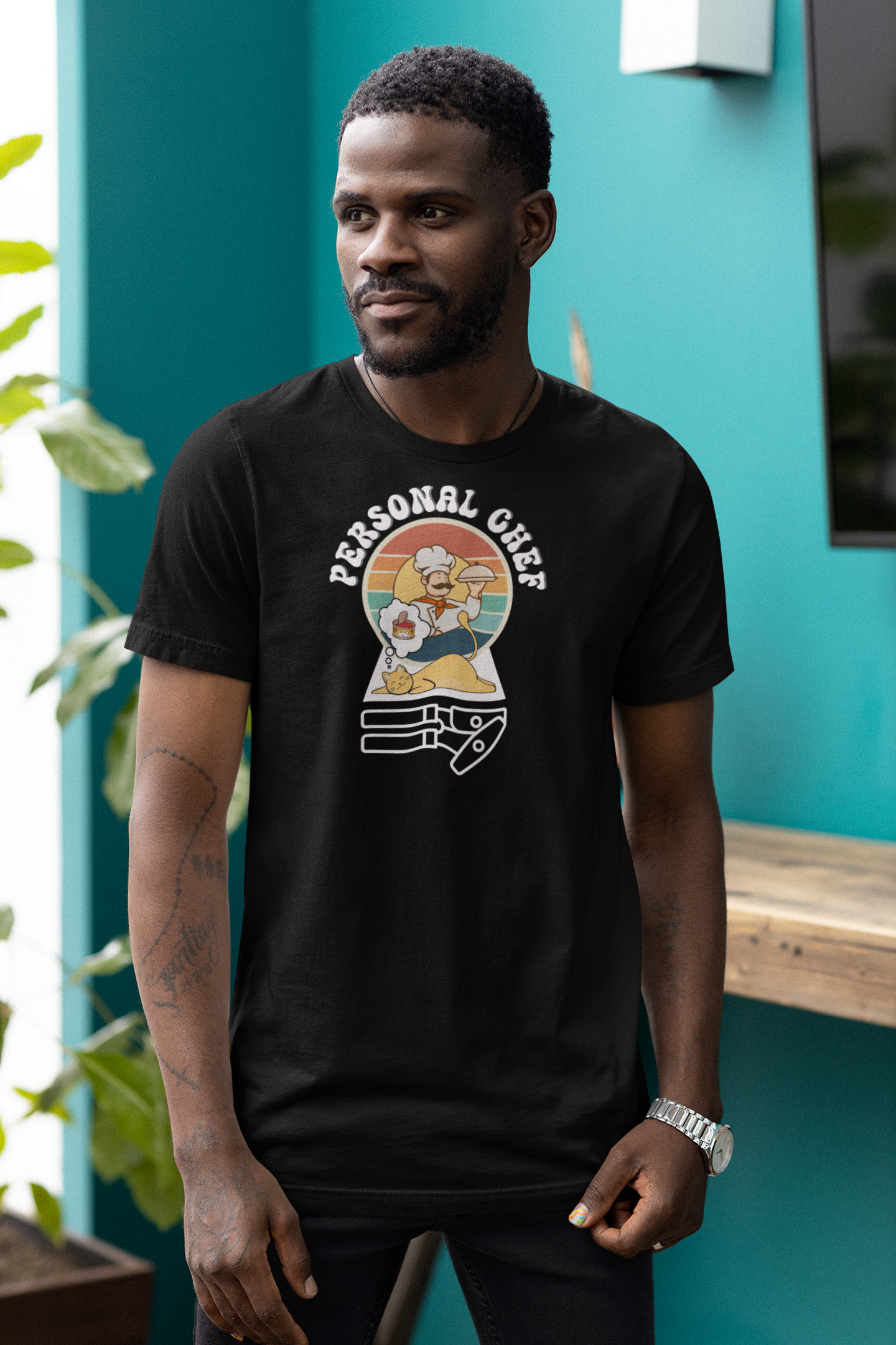 Vintage Style Personal Chef for Cats T-Shirt (#14 - Cat, Chef & Can Opener - Unisex Jersey Tee – Funny Cat Tee)