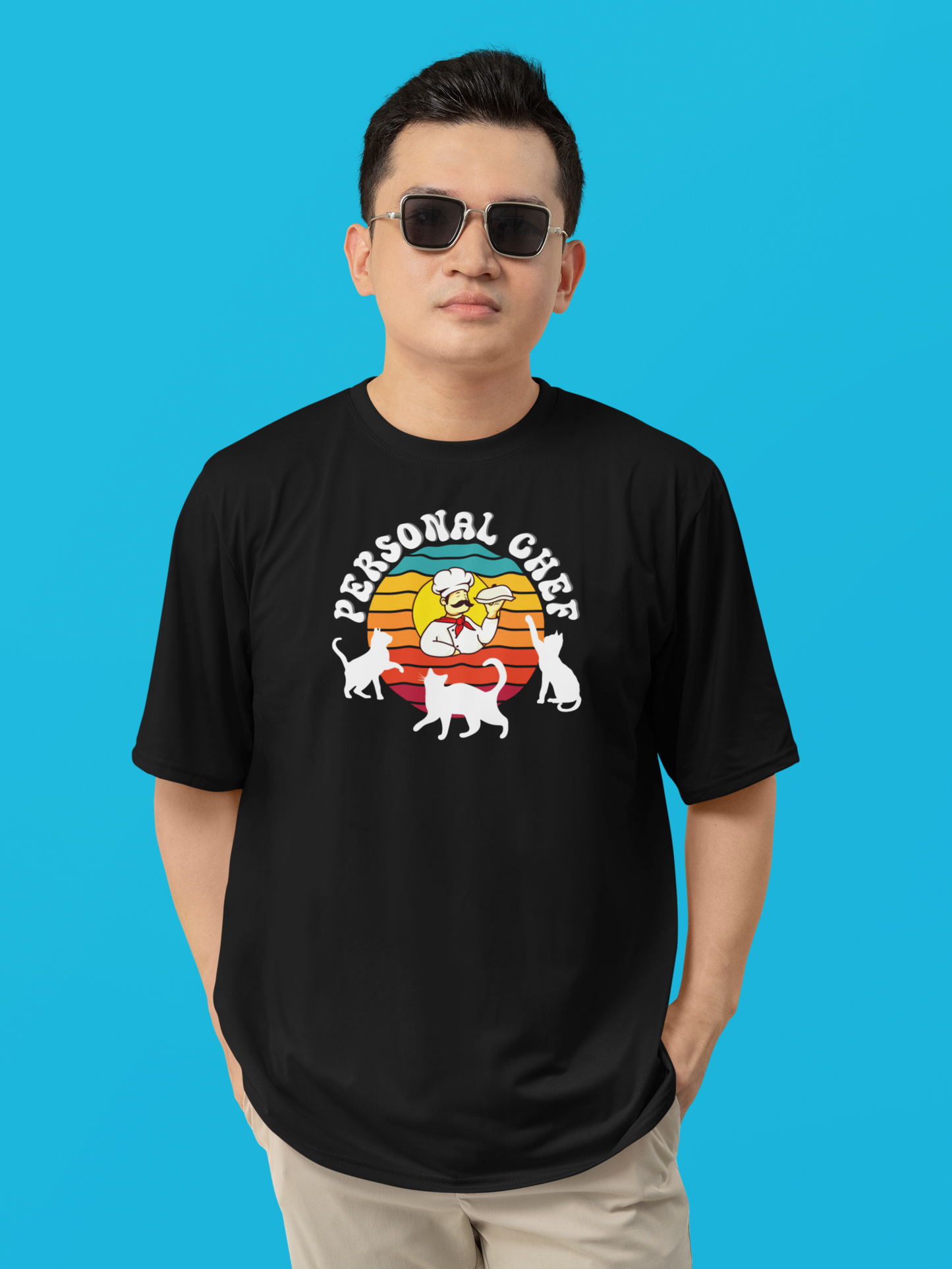 Vintage Style Personal Chef for Cats T-Shirt (#15 - Cat, Chef & Can Opener - Unisex Jersey Tee ā Funny Cat Tee)