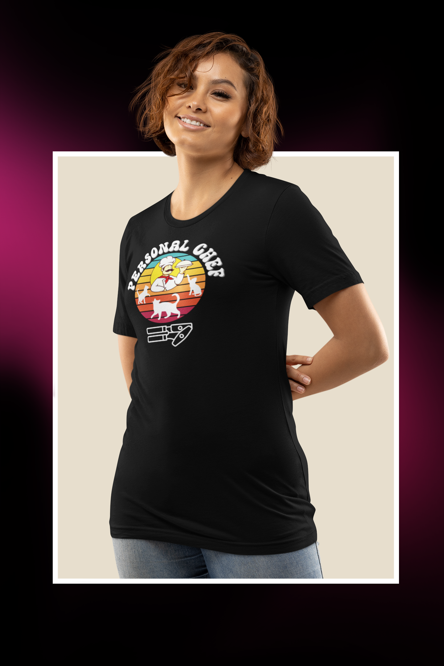Vintage Sunset Personal Chef for Cats T-Shirt (#16 - Three Cats, Italian Chef & Can Opener - Unisex Jersey Tee – Funny Cat Tee)