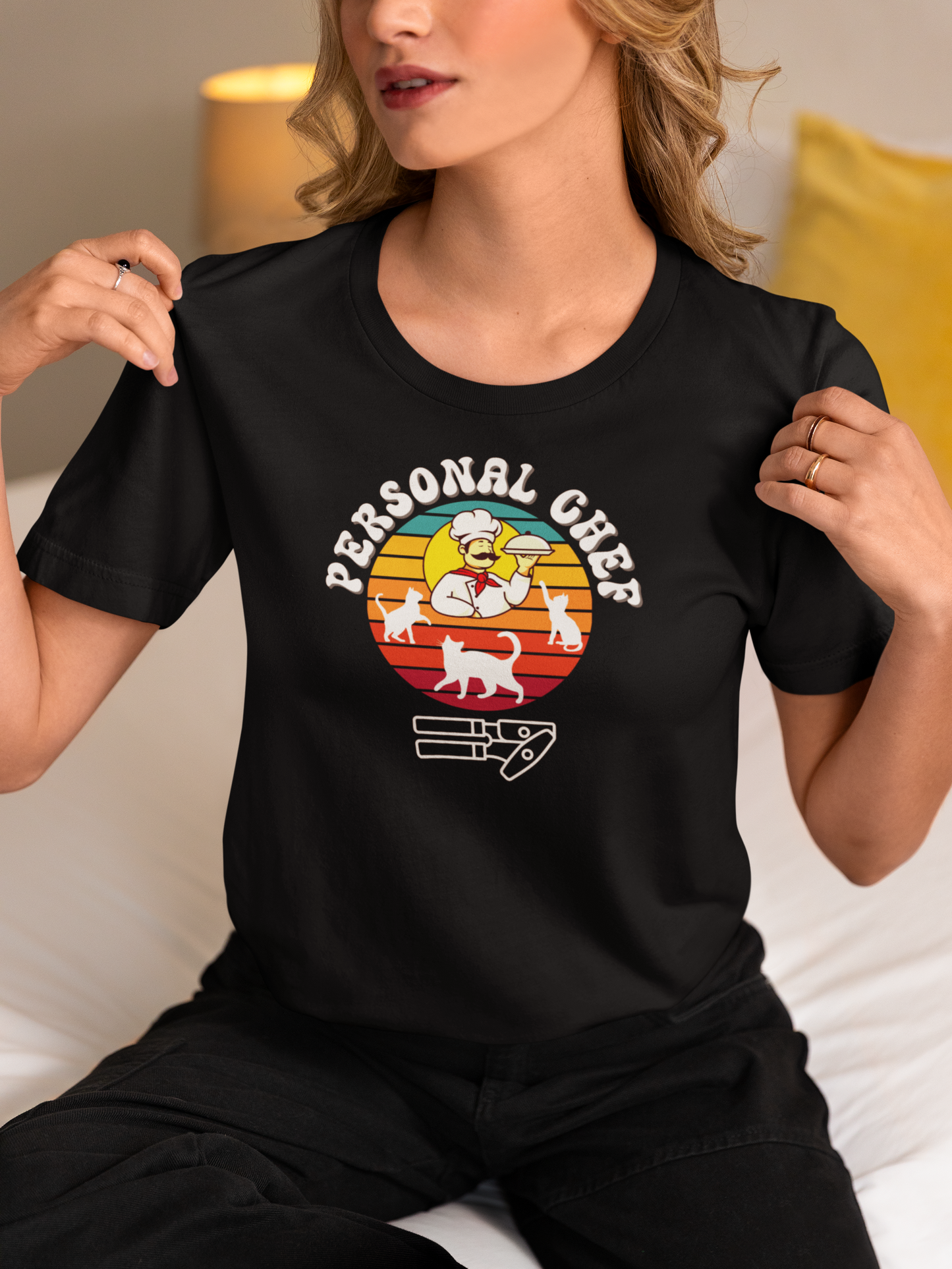 Vintage Sunset Personal Chef for Cats T-Shirt (#16 - Three Cats, Italian Chef & Can Opener - Unisex Jersey Tee – Funny Cat Tee)