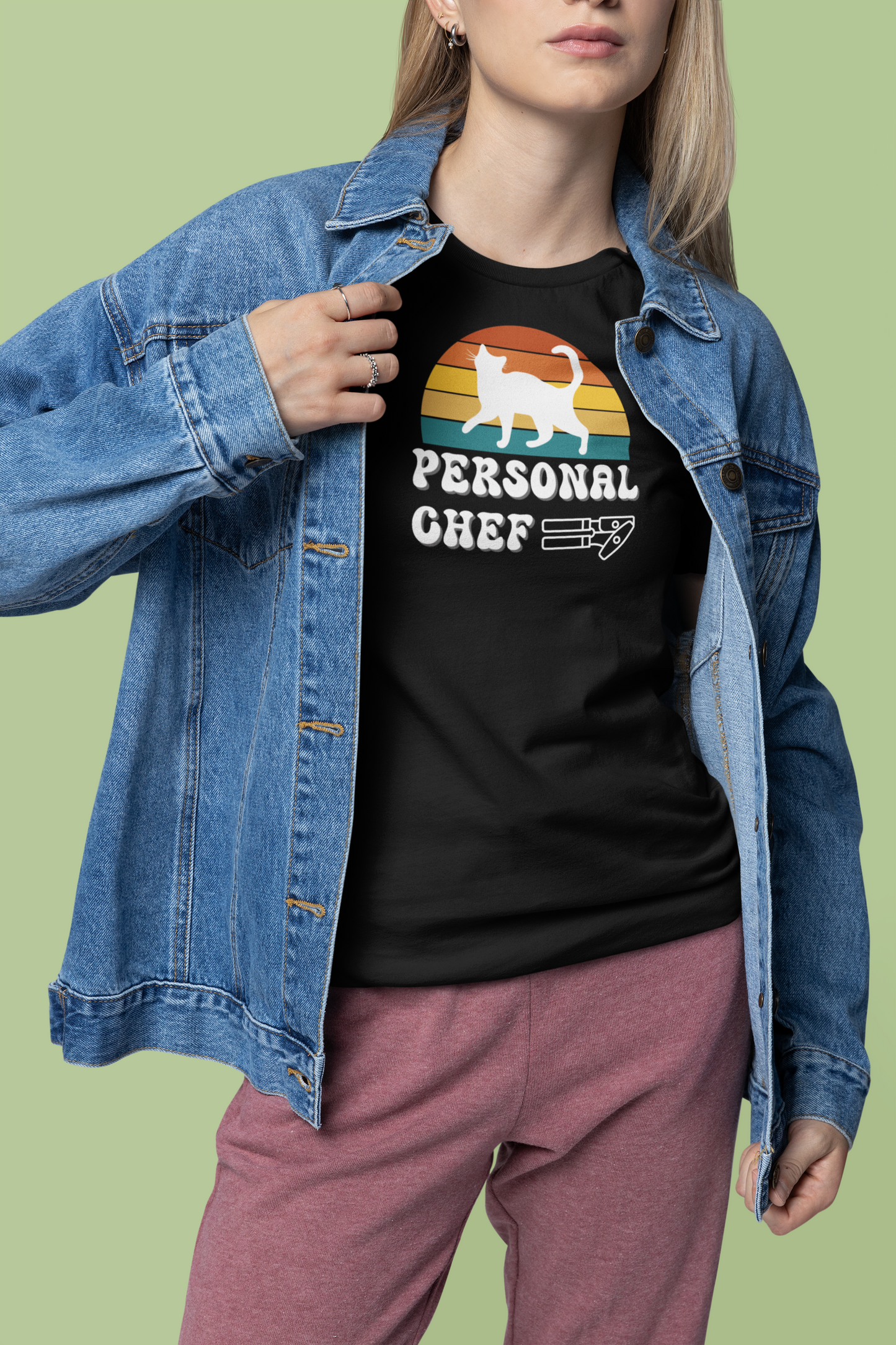 Vintage Sunset Personal Chef for Cats T-Shirt (#17 - White Cat Silhouette & Can Opener - Unisex Jersey Tee – Funny Cat Tee)