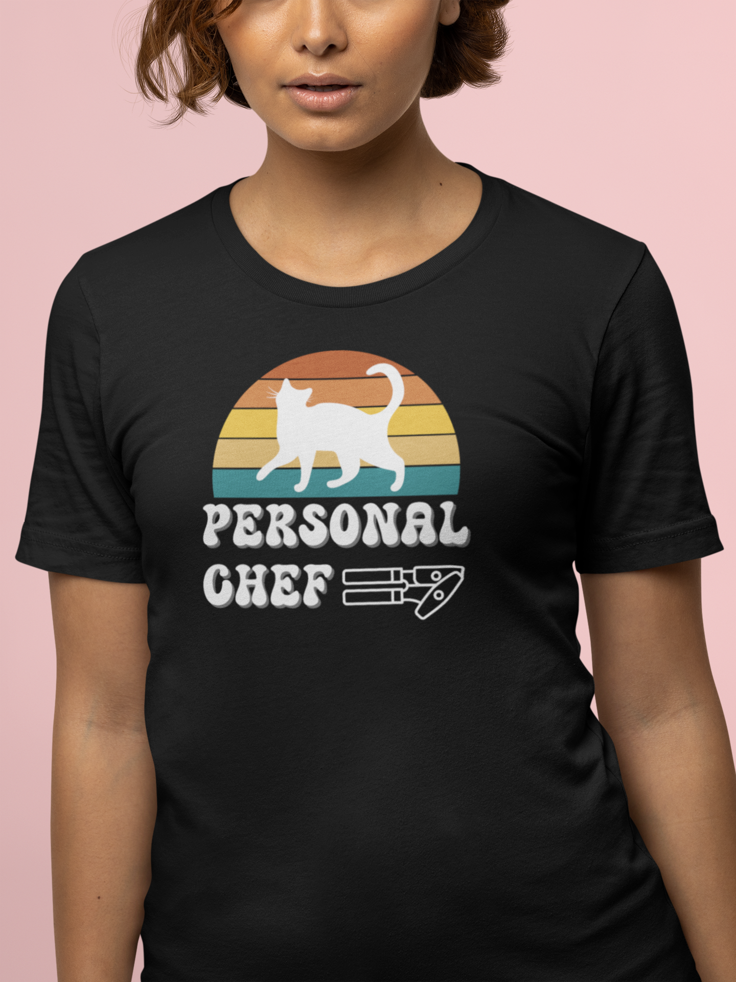 Vintage Sunset Personal Chef for Cats T-Shirt (#17 - White Cat Silhouette & Can Opener - Unisex Jersey Tee – Funny Cat Tee)