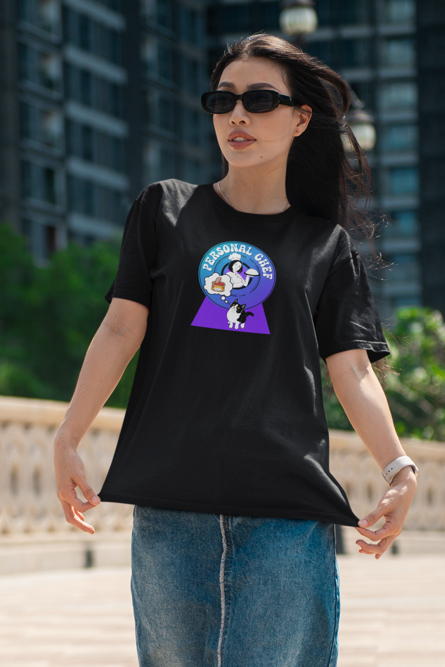 Personal Chef for Cats T-Shirt - (#8 - B/W Cat & Chef Blue Purple Design - Unisex Jersey Tee – Perfect for Cat Care Givers!)