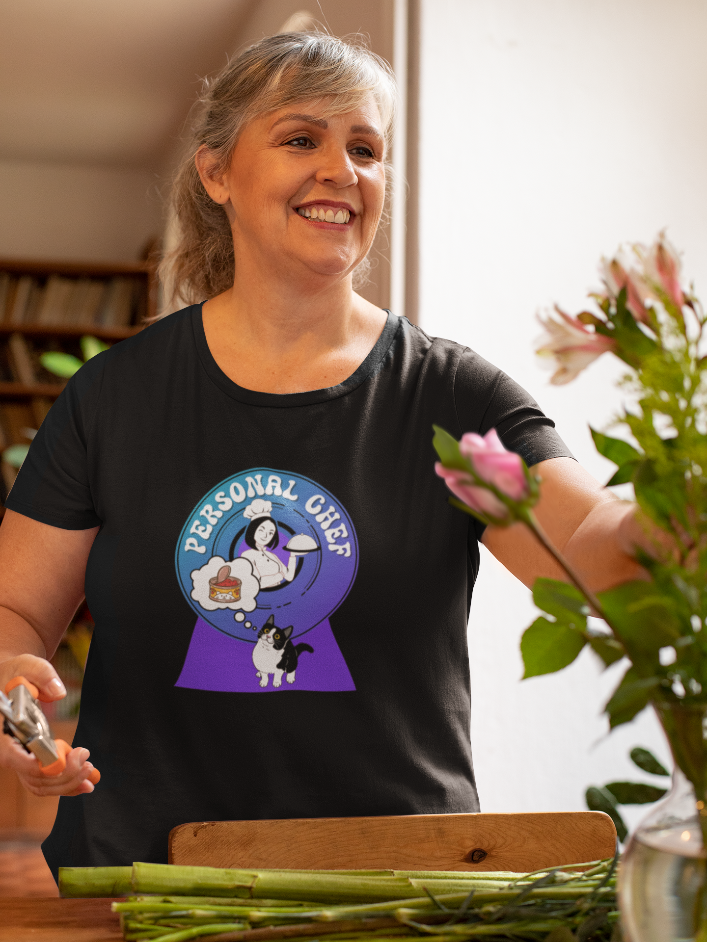 Personal Chef for Cats T-Shirt - (#8 - B/W Cat & Chef Blue Purple Design - Unisex Jersey Tee – Perfect for Cat Care Givers!)