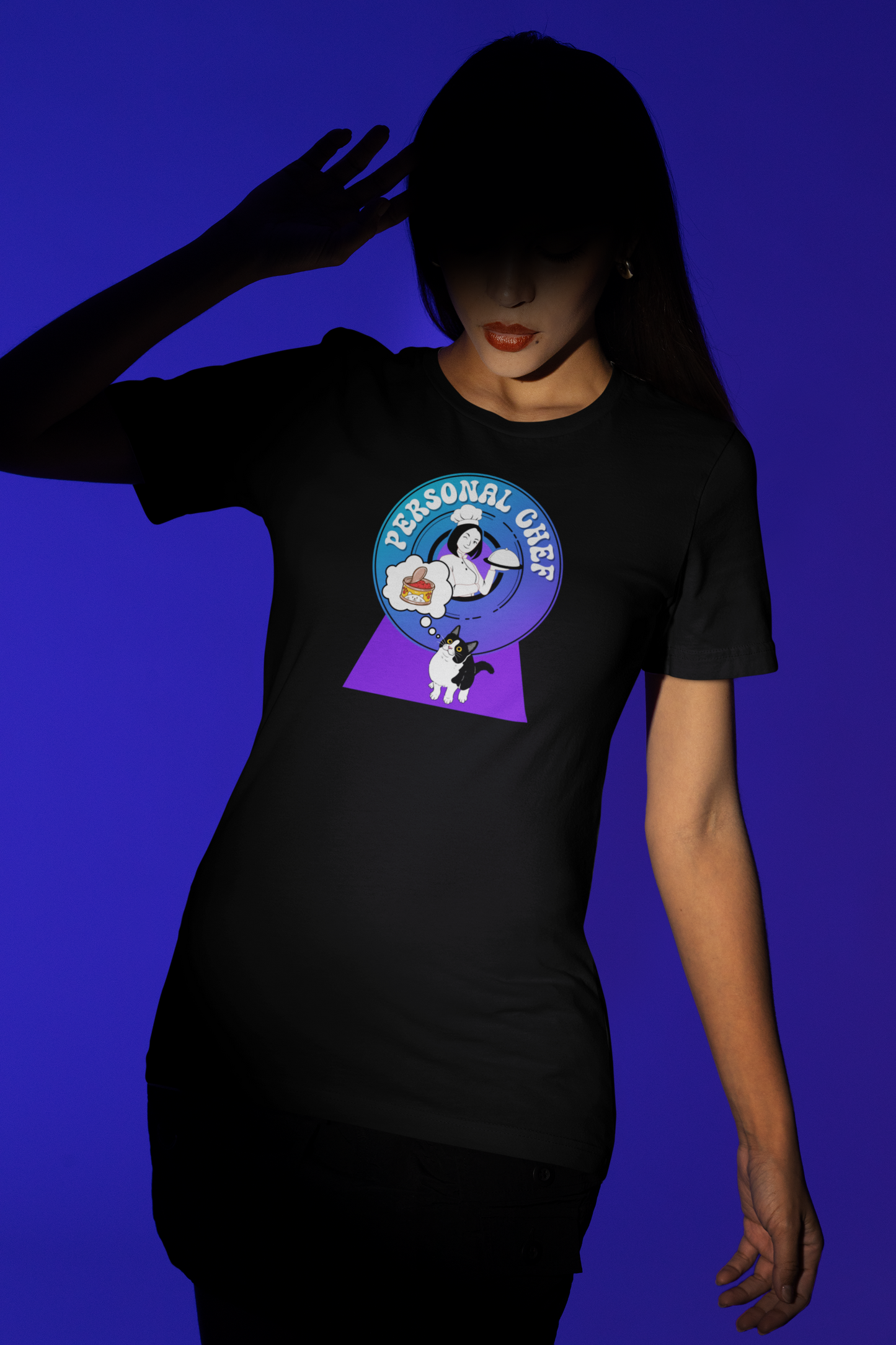 Personal Chef for Cats T-Shirt - (#8 - B/W Cat & Chef Blue Purple Design - Unisex Jersey Tee – Perfect for Cat Care Givers!)