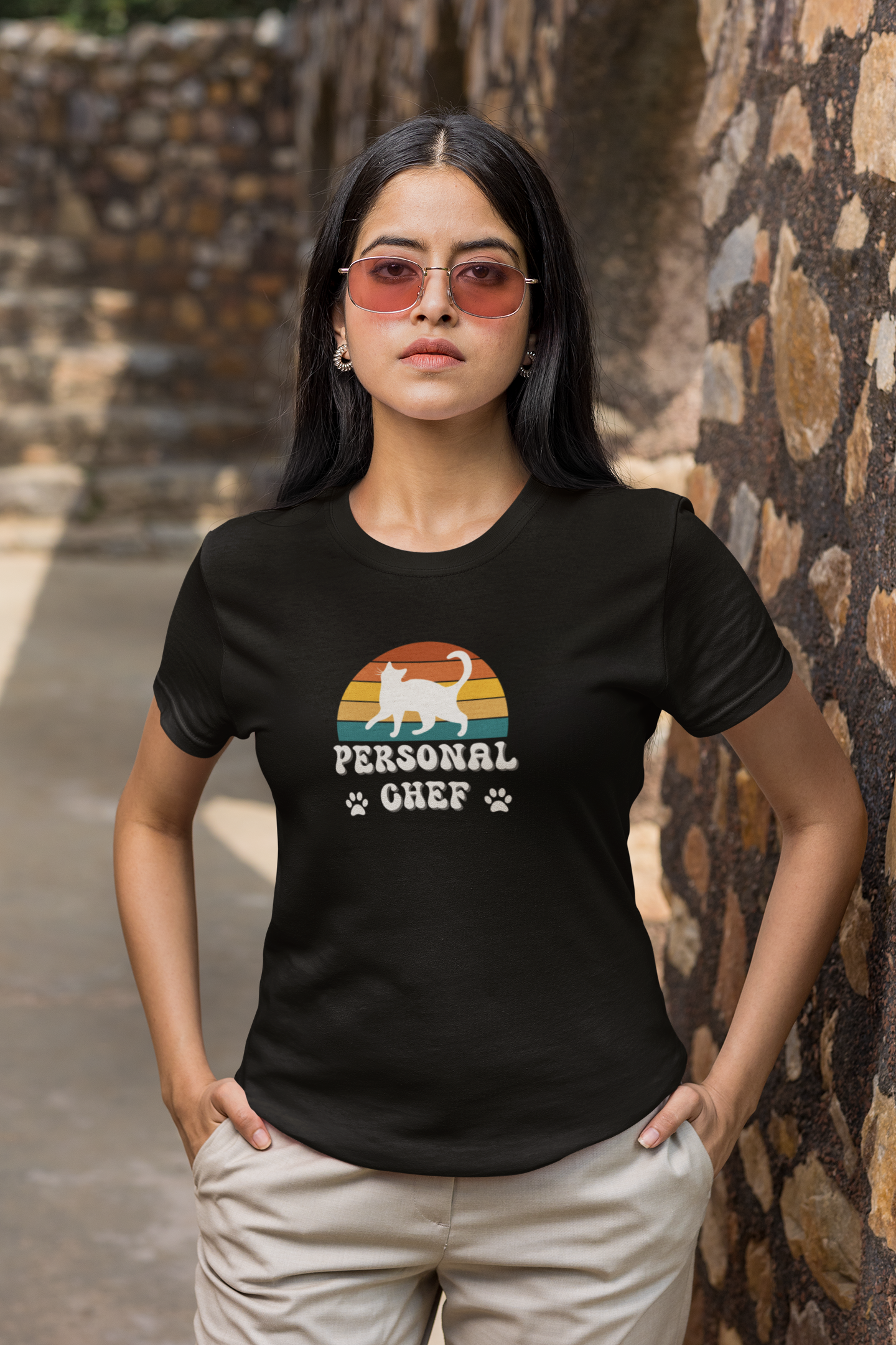 Vintage Sunset Personal Chef for Cats T-Shirt (#21 - White Cat Silhouette & Paw Prints - Unisex Jersey Tee)