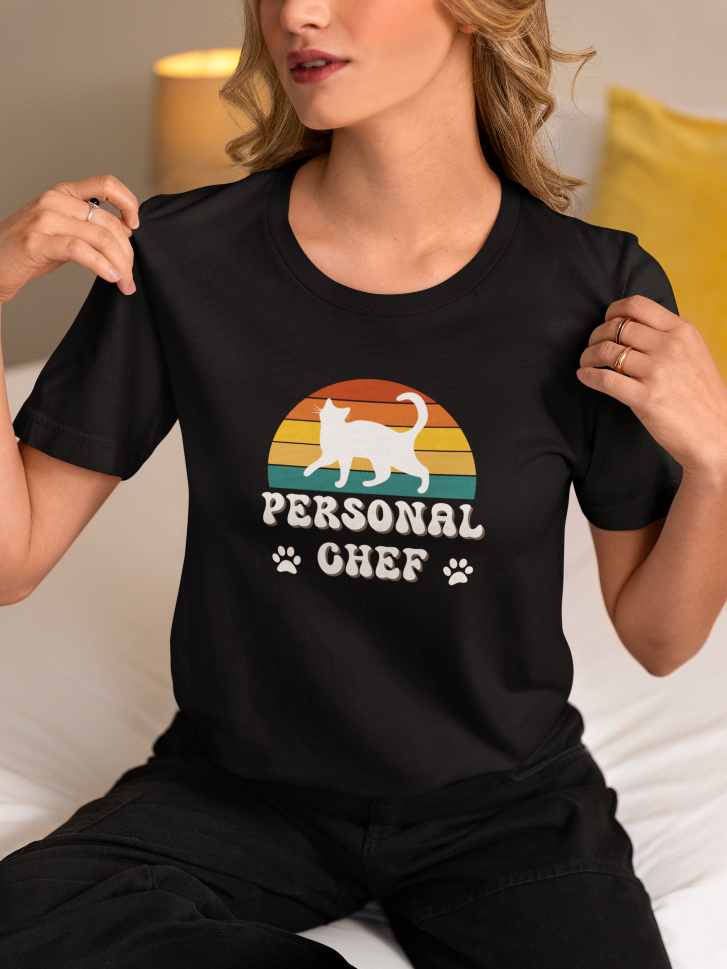 Vintage Sunset Personal Chef for Cats T-Shirt (#21 - White Cat Silhouette & Paw Prints - Unisex Jersey Tee)