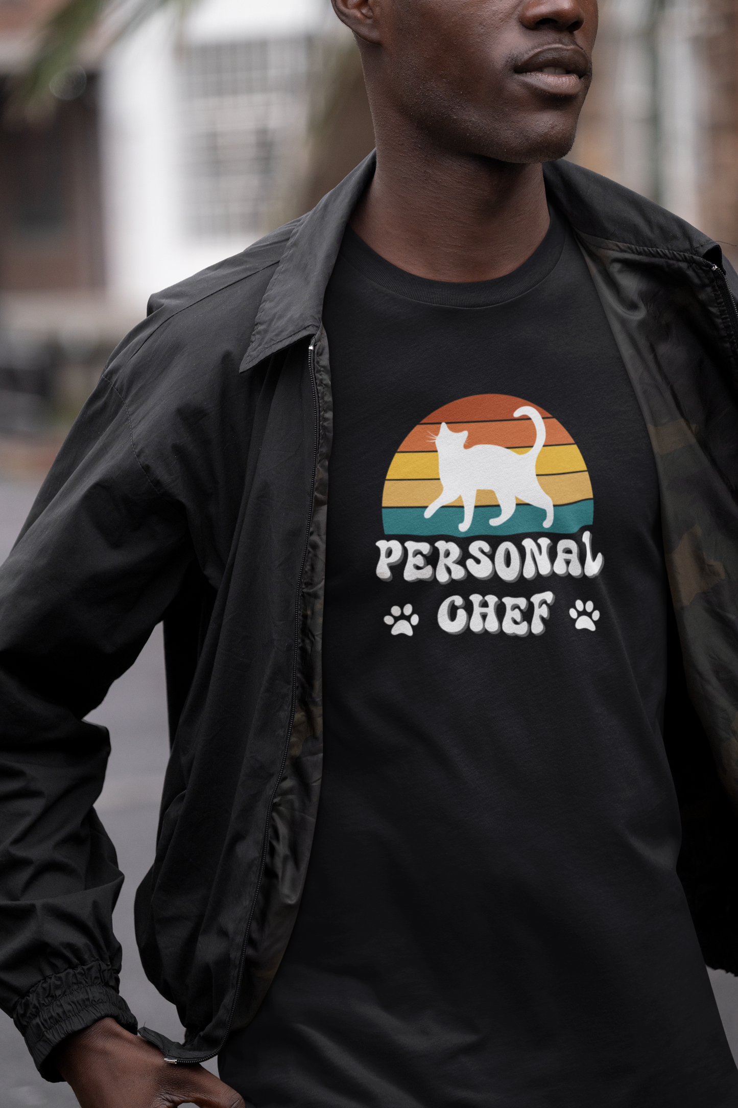 Vintage Sunset Personal Chef for Cats T-Shirt (#21 - White Cat Silhouette & Paw Prints - Unisex Jersey Tee)