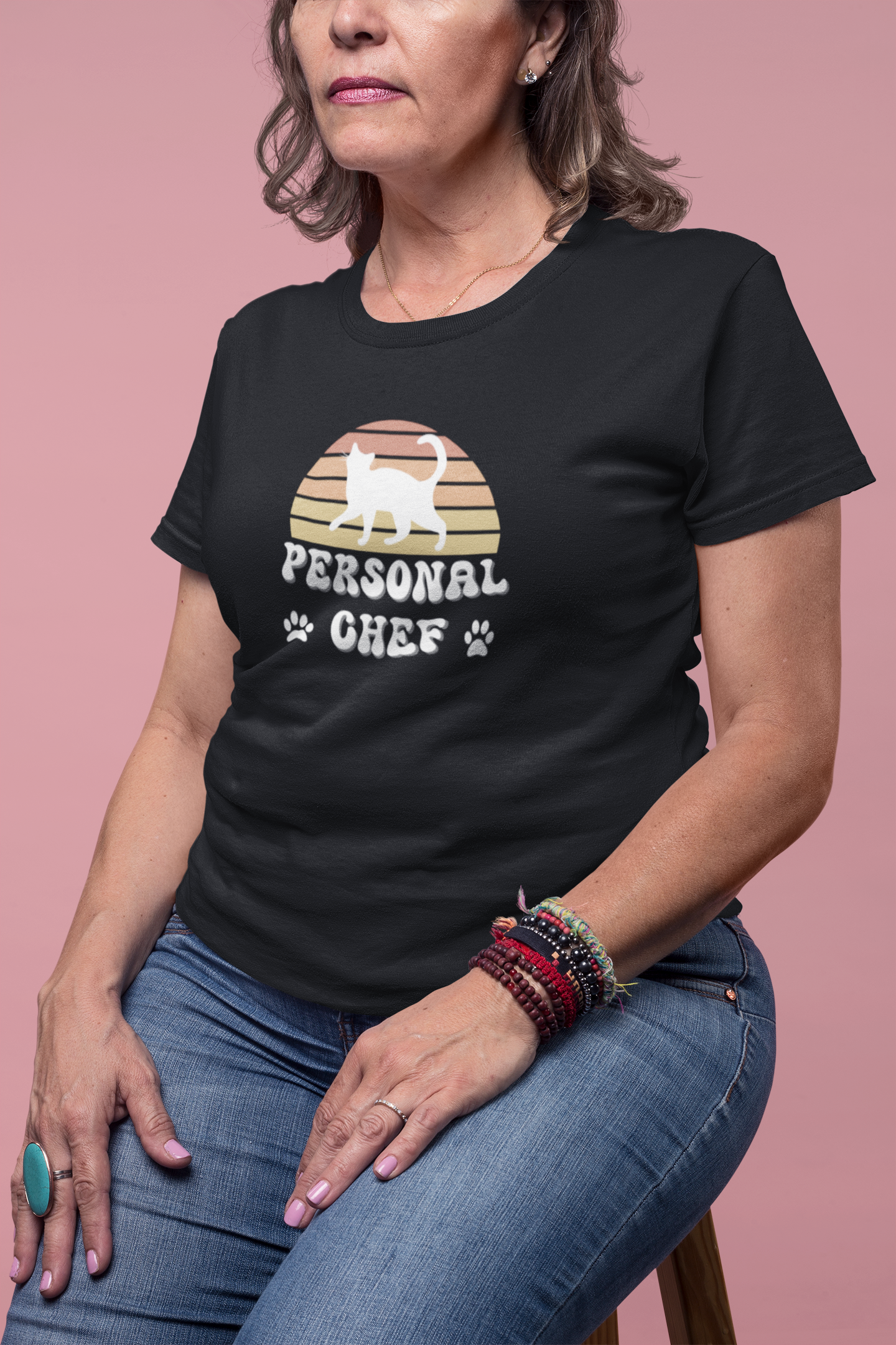 Vintage Sunset Personal Chef for Cats T-Shirt (#18 - White Cat Silhouette & Paw Prints - Unisex Jersey Tee – Funny Cat Tee)