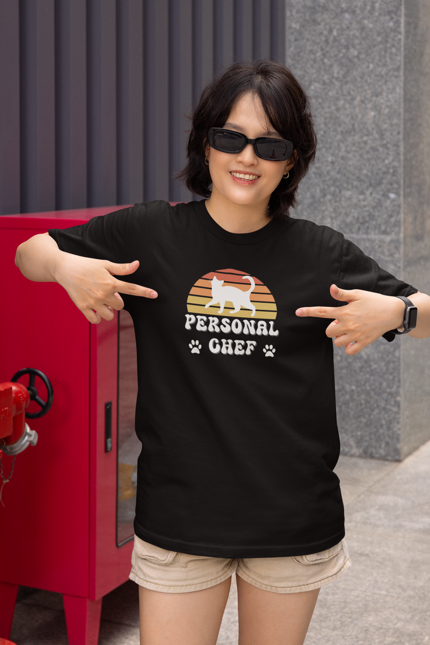 Vintage Sunset Personal Chef for Cats T-Shirt (#18 - White Cat Silhouette & Paw Prints - Unisex Jersey Tee – Funny Cat Tee)