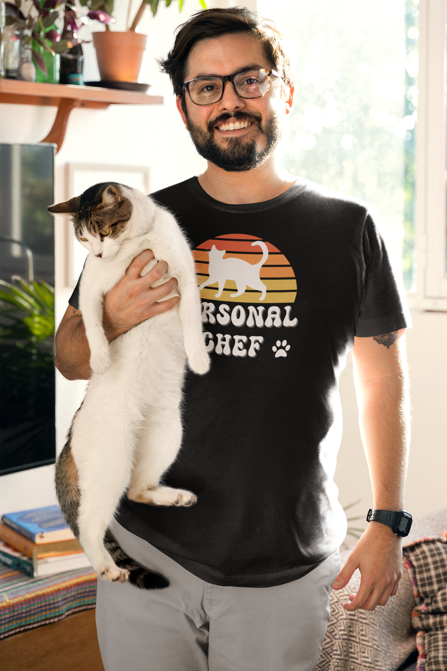 Vintage Sunset Personal Chef for Cats T-Shirt (#18 - White Cat Silhouette & Paw Prints - Unisex Jersey Tee – Funny Cat Tee)