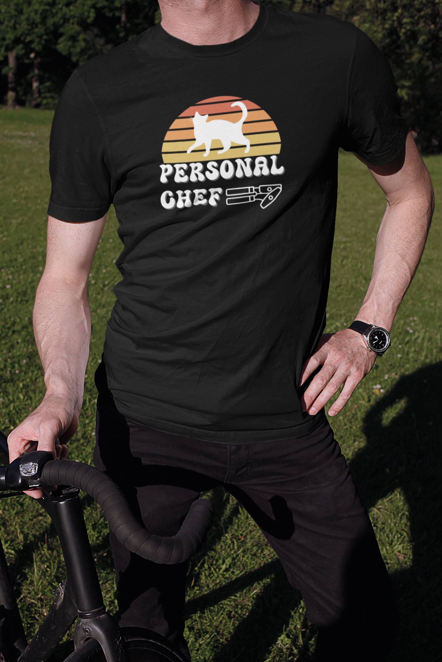 Vintage Sunset Personal Chef for Cats T-Shirt (#22 - Cat & Can Opener - Unisex Jersey Tee)