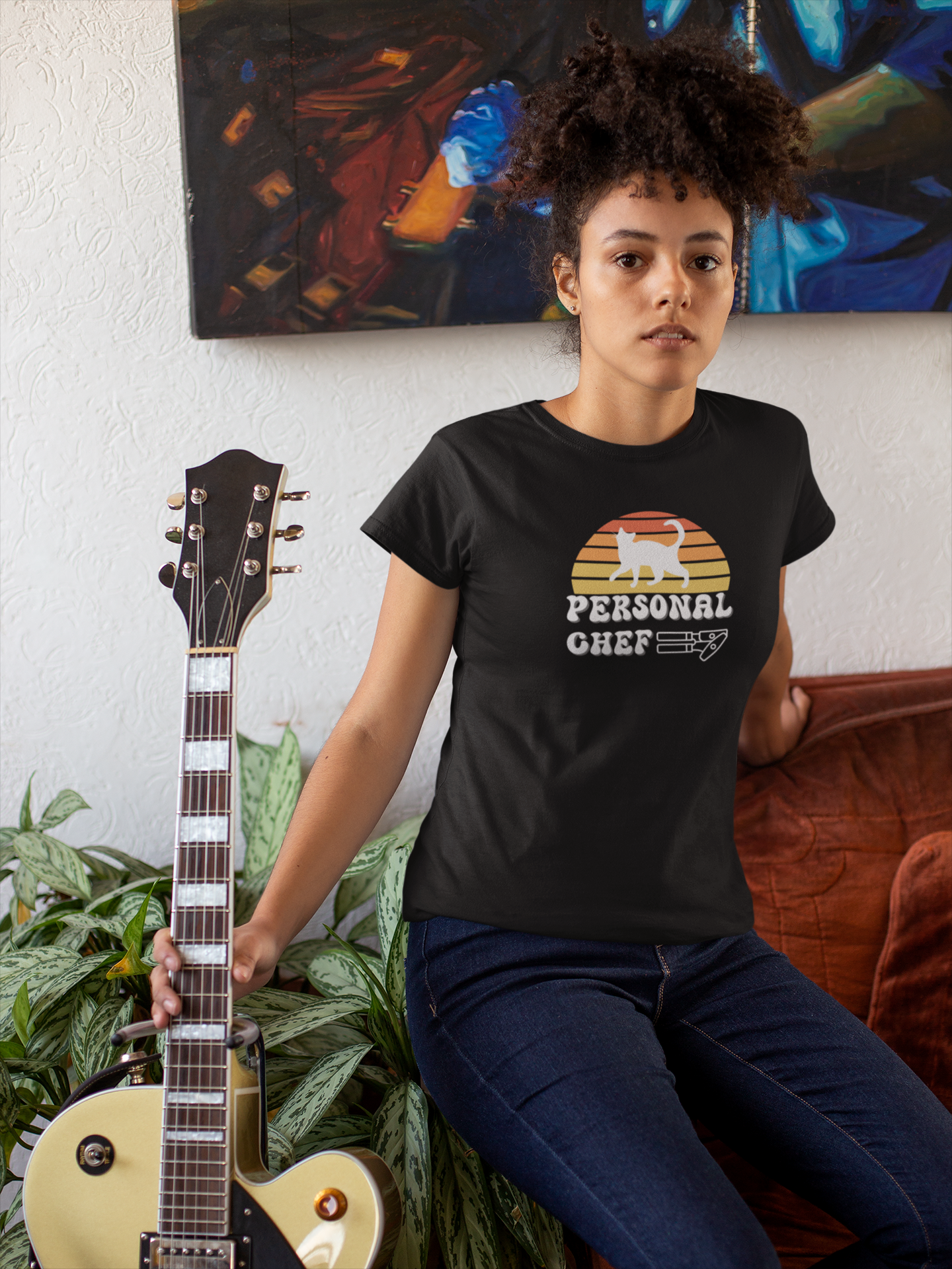 Vintage Sunset Personal Chef for Cats T-Shirt (#22 - Cat & Can Opener - Unisex Jersey Tee)