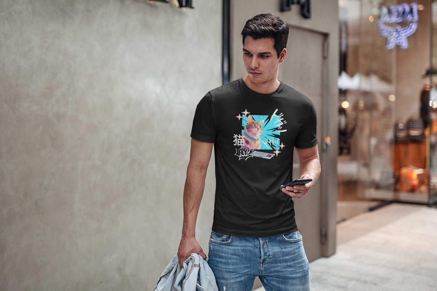 Cat & Keyboard "Kaboom" - Japanese Anime Style Graphic Tee - (Unisex Jersey Short Sleeve Tee for Cat Lovers)