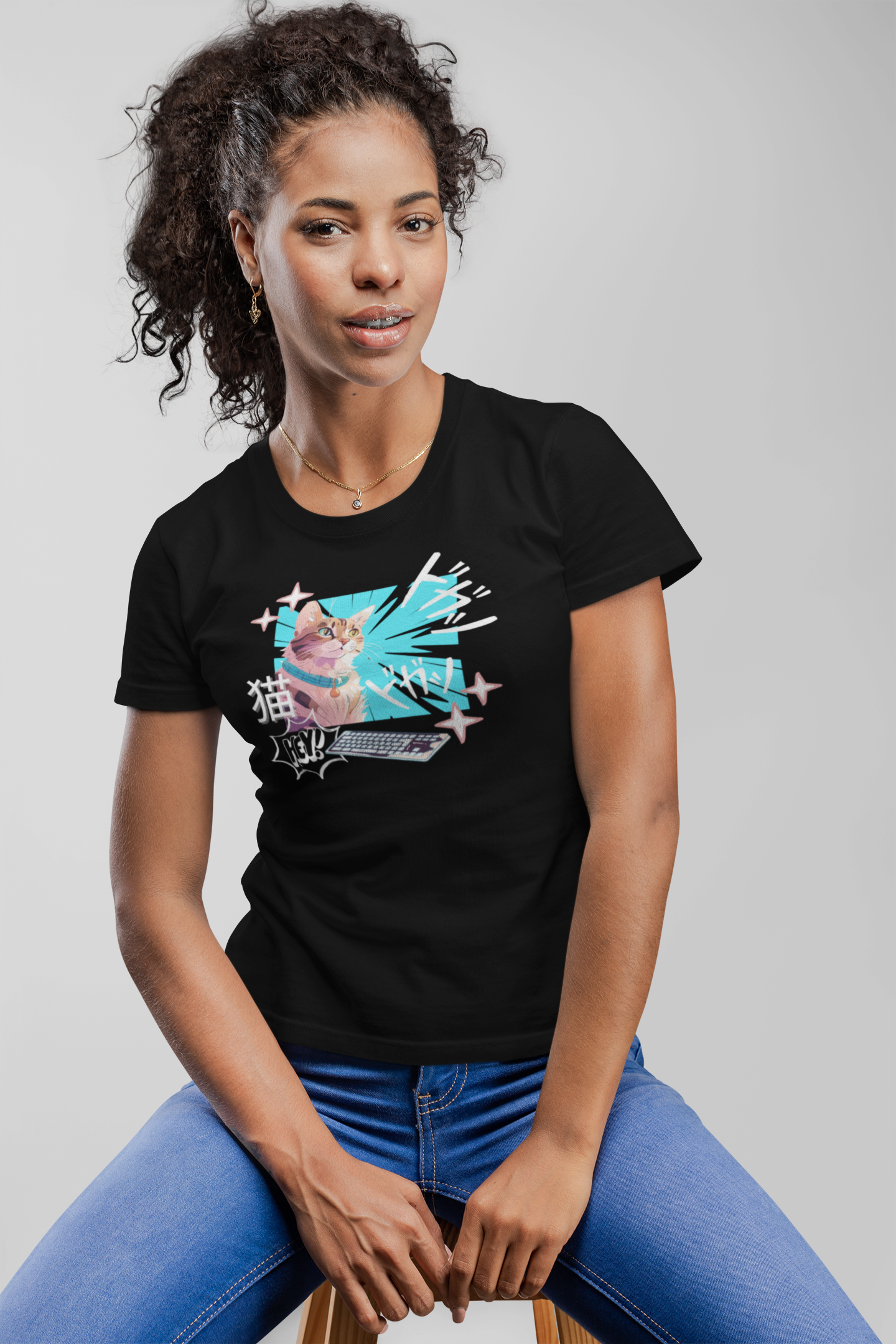 Cat & Keyboard "Kaboom" - Japanese Anime Style Graphic Tee - (Unisex Jersey Short Sleeve Tee for Cat Lovers)
