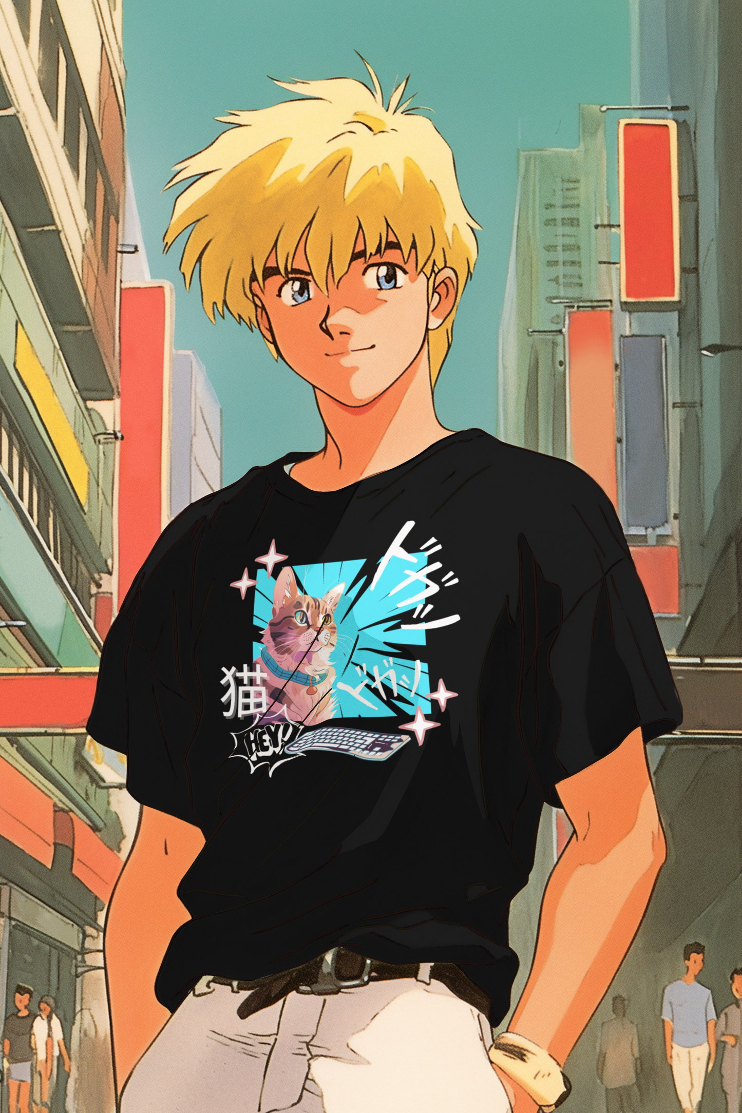 Cat & Keyboard "Kaboom" - Japanese Anime Style Graphic Tee - (Unisex Jersey Short Sleeve Tee for Cat Lovers)