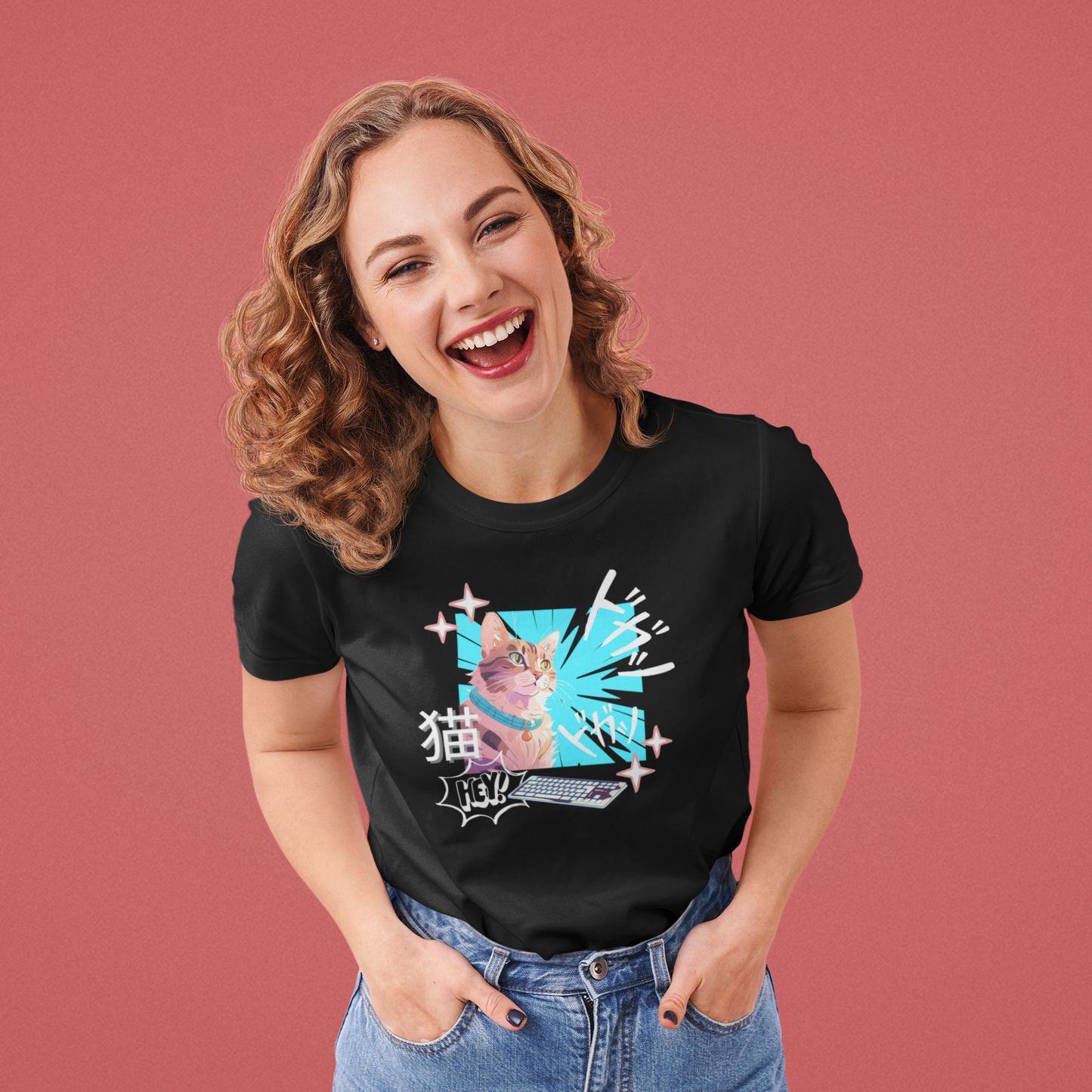 Cat & Keyboard "Kaboom" - Japanese Anime Style Graphic Tee - (Unisex Jersey Short Sleeve Tee for Cat Lovers)