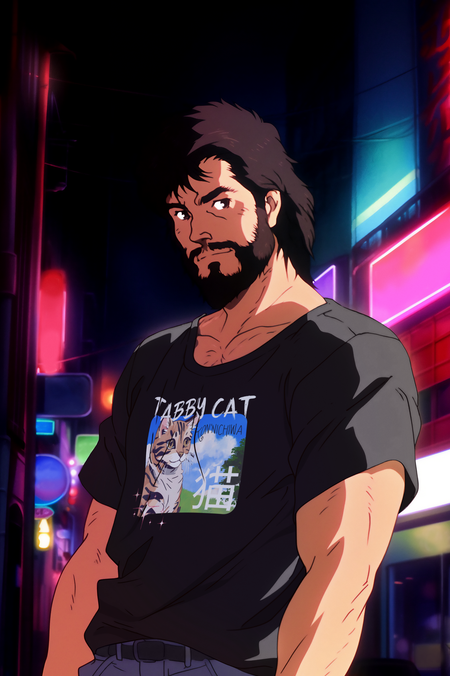 "Tabby Cat" Japanese Anime Style T-Shirt - (Unisex Jersey Short Sleeve Tee - Cute Animal Apparel for Cat Lovers)