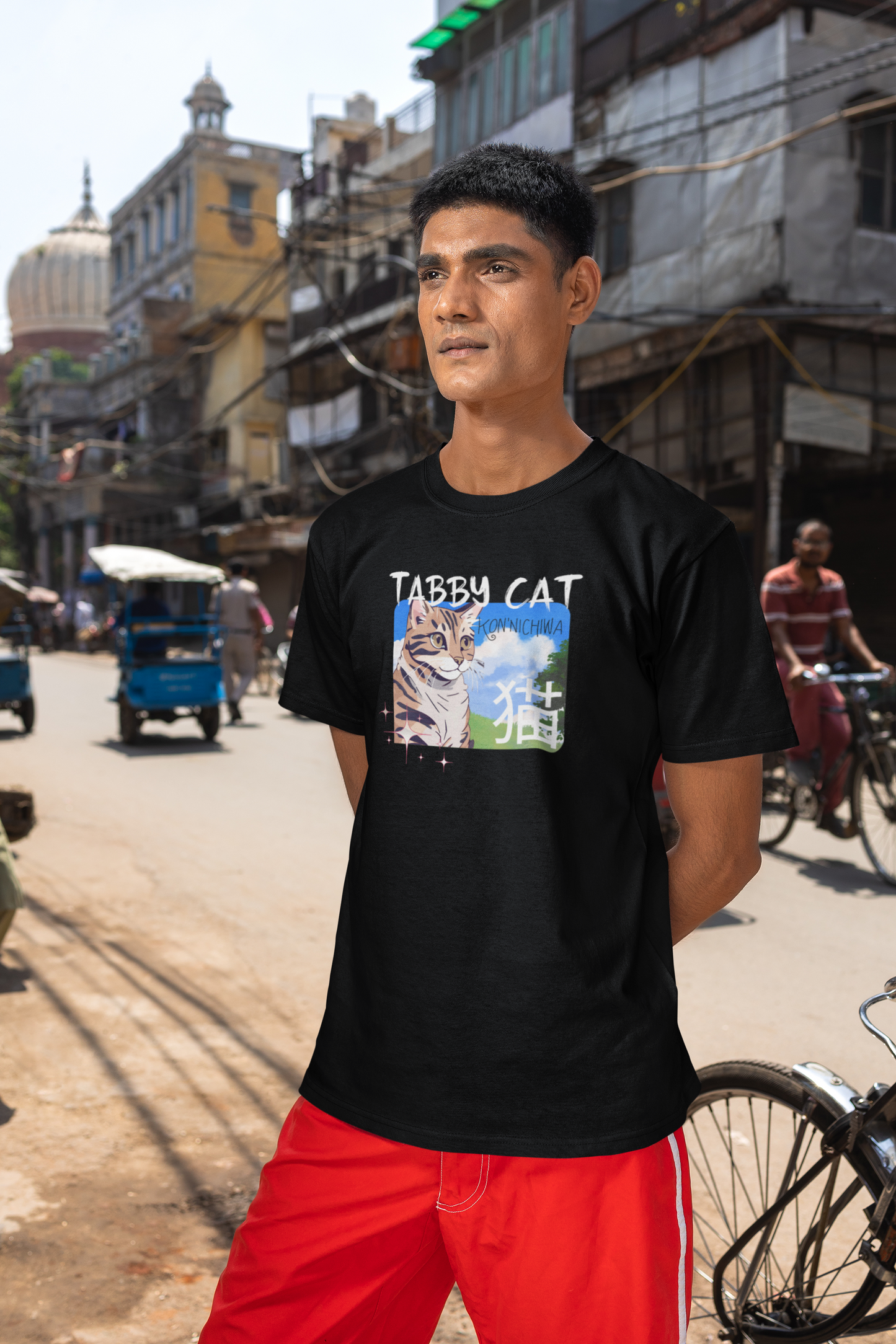 "Tabby Cat" Japanese Anime Style T-Shirt - (Unisex Jersey Short Sleeve Tee - Cute Animal Apparel for Cat Lovers)