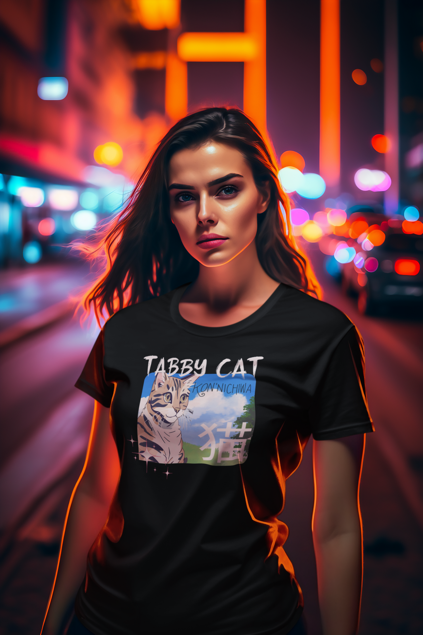 "Tabby Cat" Japanese Anime Style T-Shirt - (Unisex Jersey Short Sleeve Tee - Cute Animal Apparel for Cat Lovers)