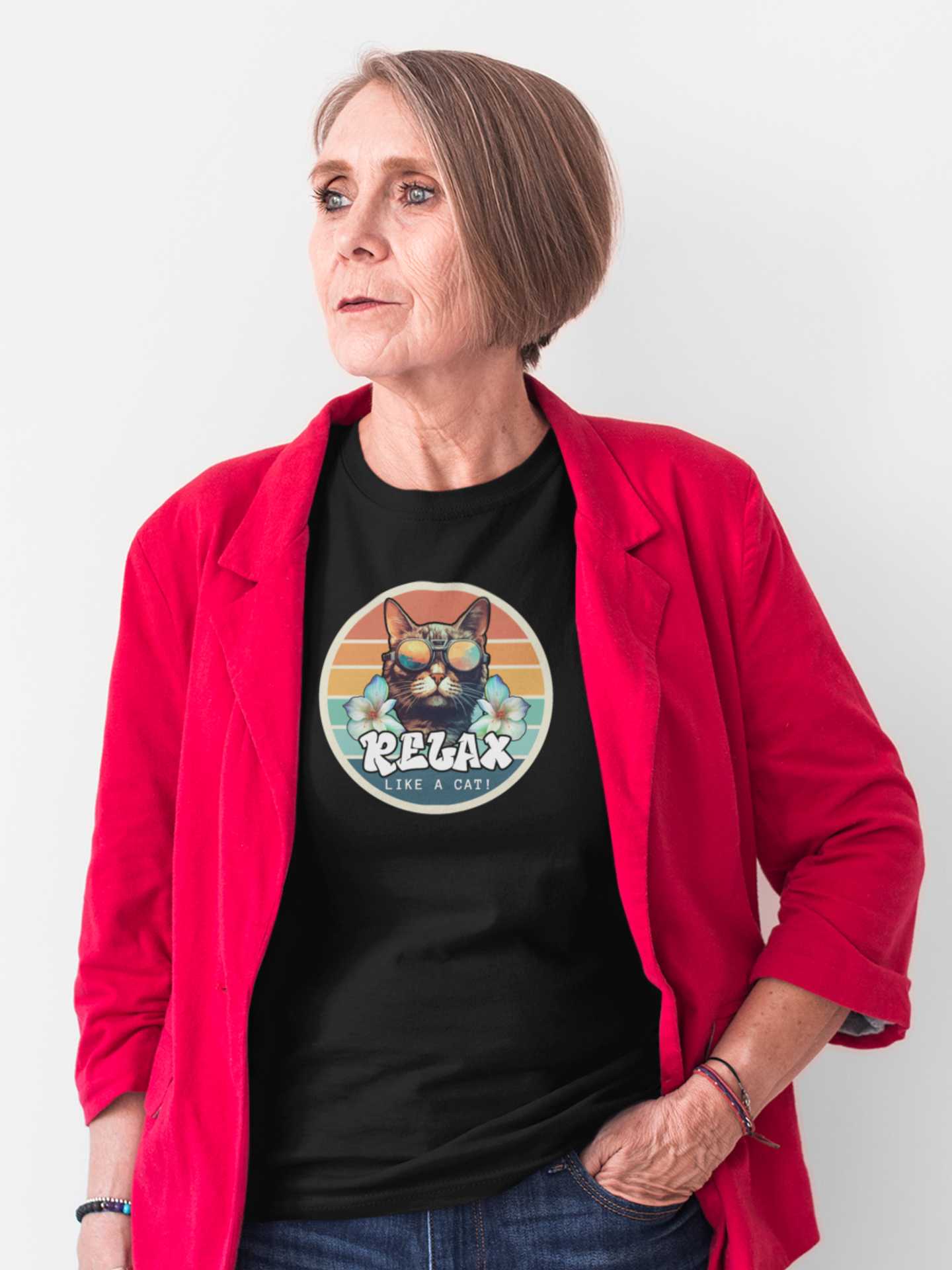Relax Like a Cat T-Shirt - (Vintage Sunset Style Graphic, Chill Cat Graphic Tee, Unisex Casual Wear, Gift for Cat Lovers)