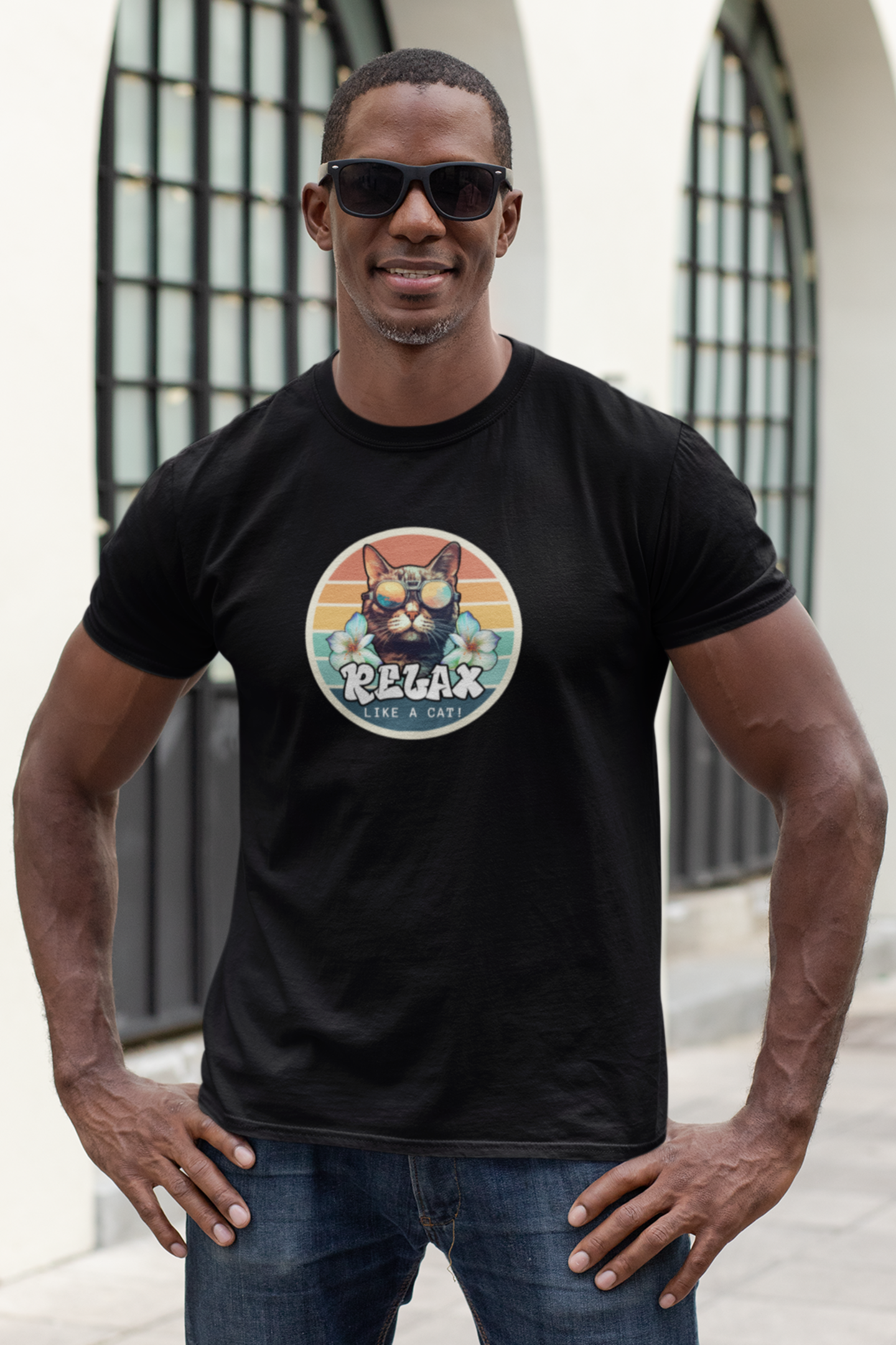 Relax Like a Cat T-Shirt - (Vintage Sunset Style Graphic, Chill Cat Graphic Tee, Unisex Casual Wear, Gift for Cat Lovers)