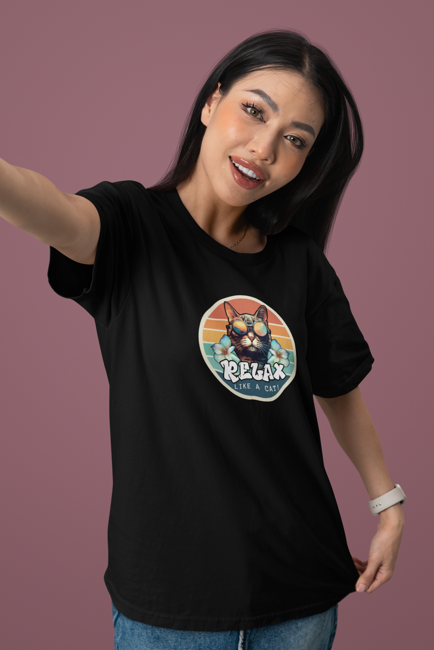 Relax Like a Cat T-Shirt - (Vintage Sunset Style Graphic, Chill Cat Graphic Tee, Unisex Casual Wear, Gift for Cat Lovers)
