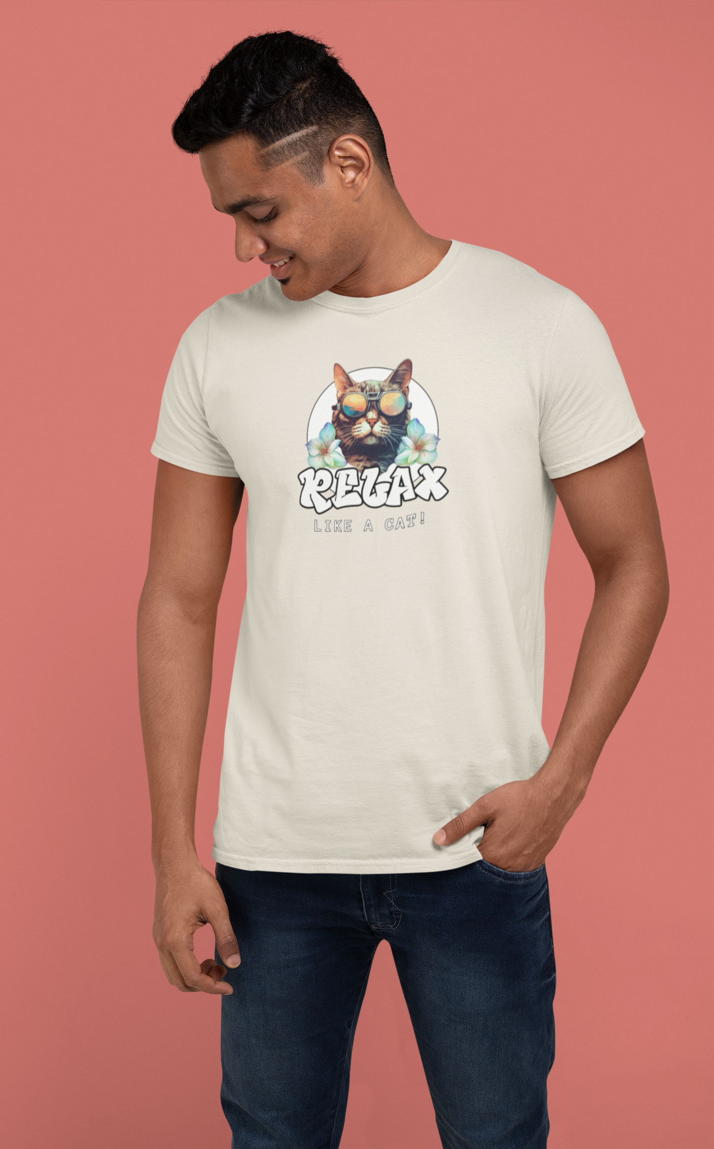 Relax Like a Cat Graphic T-Shirt (#2) - Cat Fan Shirt, Gift for Cat Owners, Tropical Style Summer Tee
