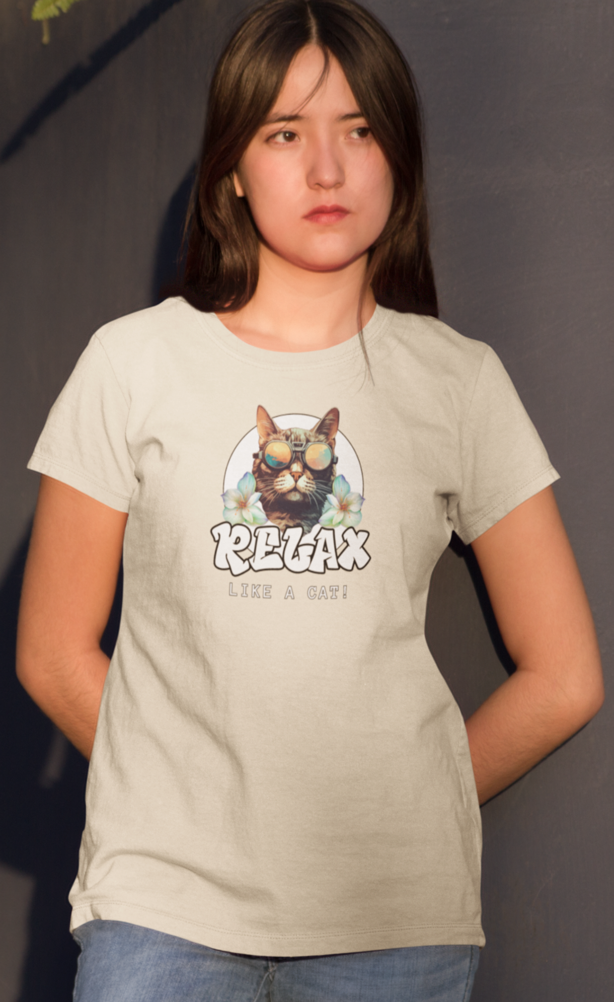 Relax Like a Cat Graphic T-Shirt (#2) - Cat Fan Shirt, Gift for Cat Owners, Tropical Style Summer Tee