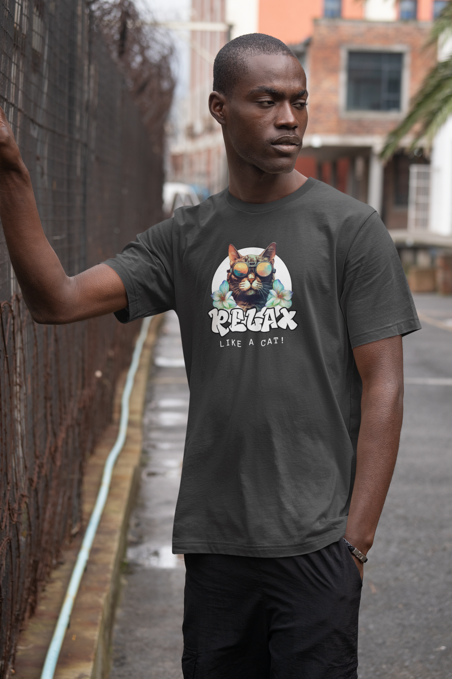 Relax Like a Cat Graphic T-Shirt (#2) - Cat Fan Shirt, Gift for Cat Owners, Tropical Style Summer Tee