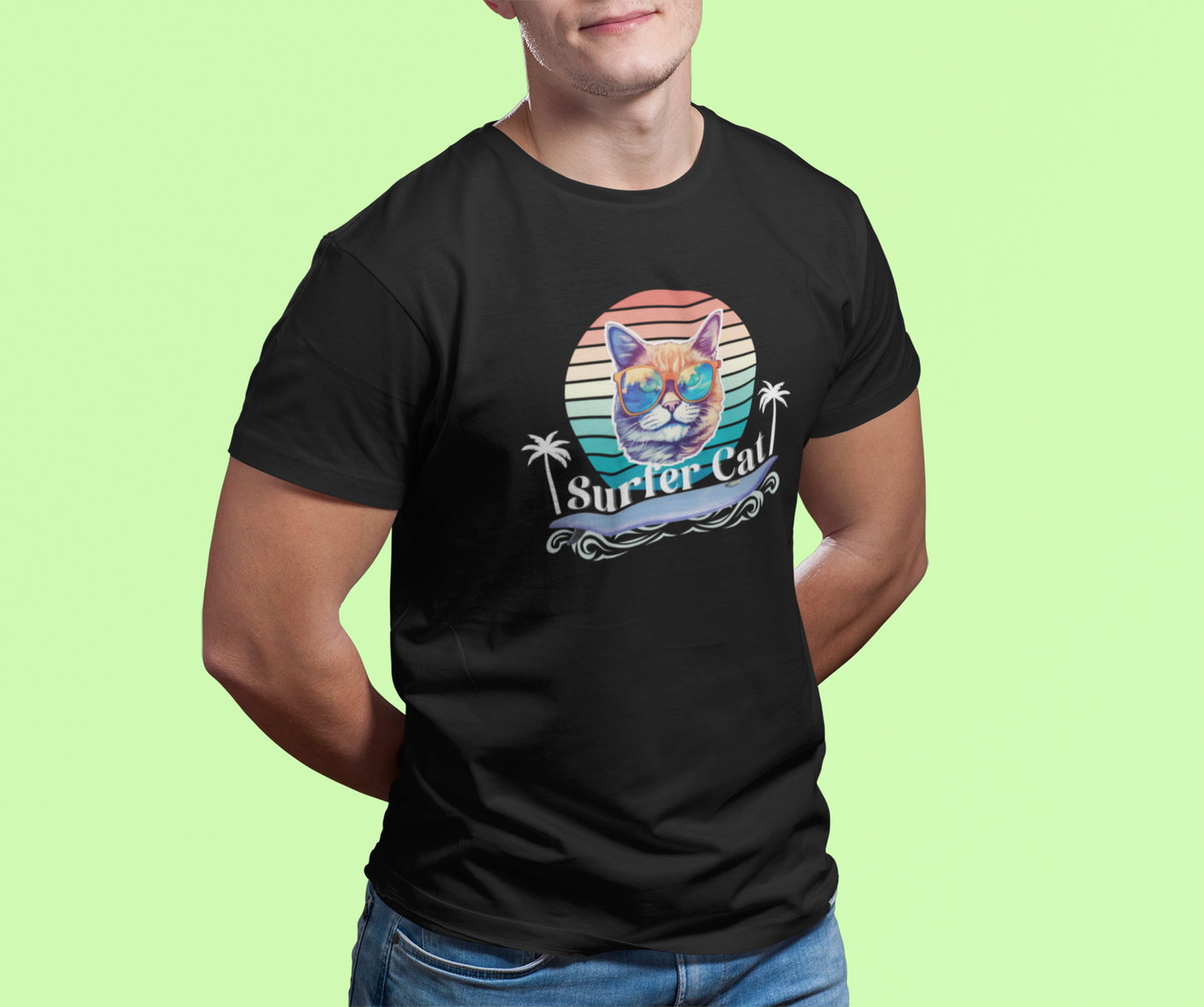 Surfer Cat Tee - Fun Unisex Jersey T-Shirt, Ocean Vibe Apparel, Cat Lover Gift, Summer Fashion, Beach Party Wear