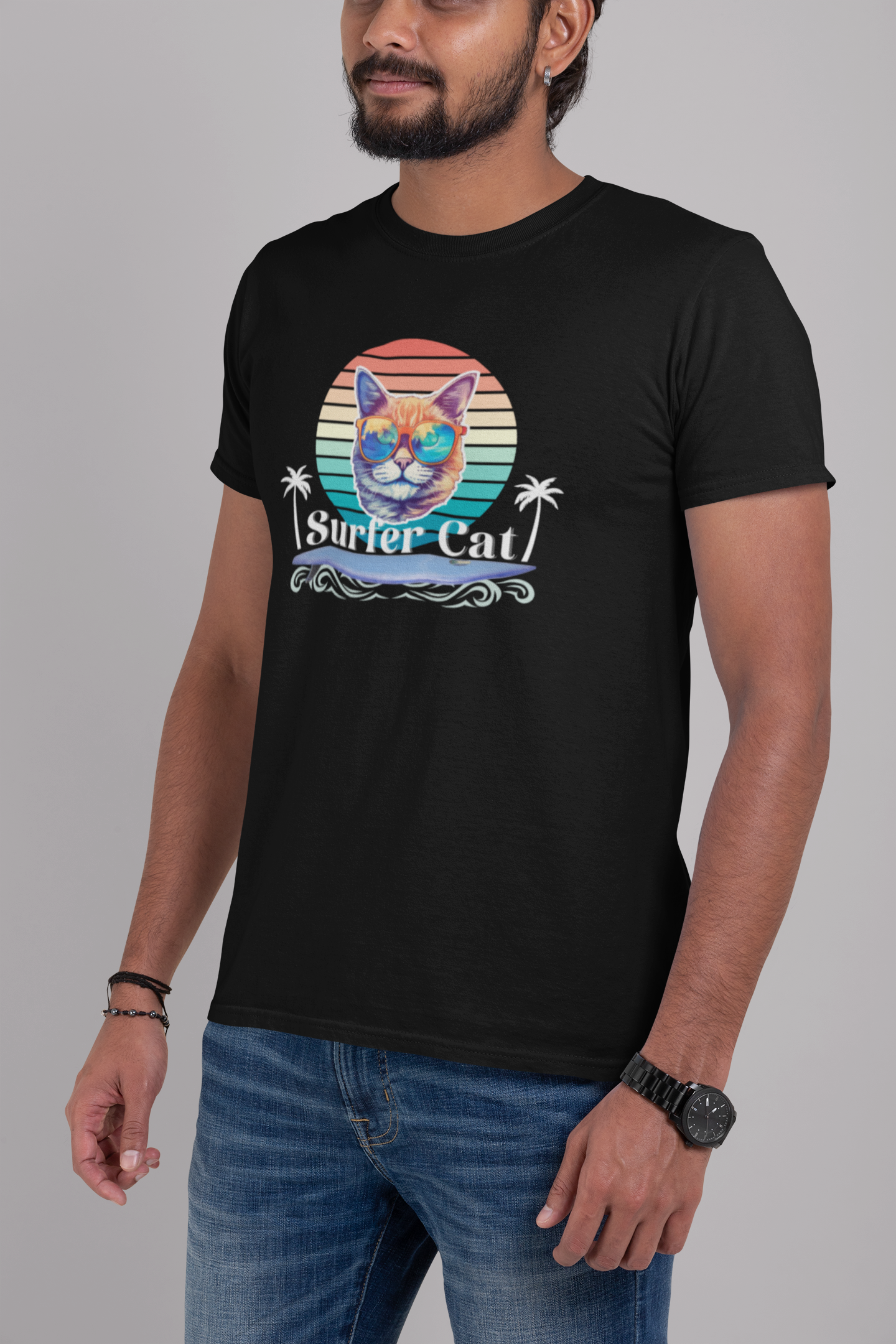 Surfer Cat Tee - Fun Unisex Jersey T-Shirt, Ocean Vibe Apparel, Cat Lover Gift, Summer Fashion, Beach Party Wear