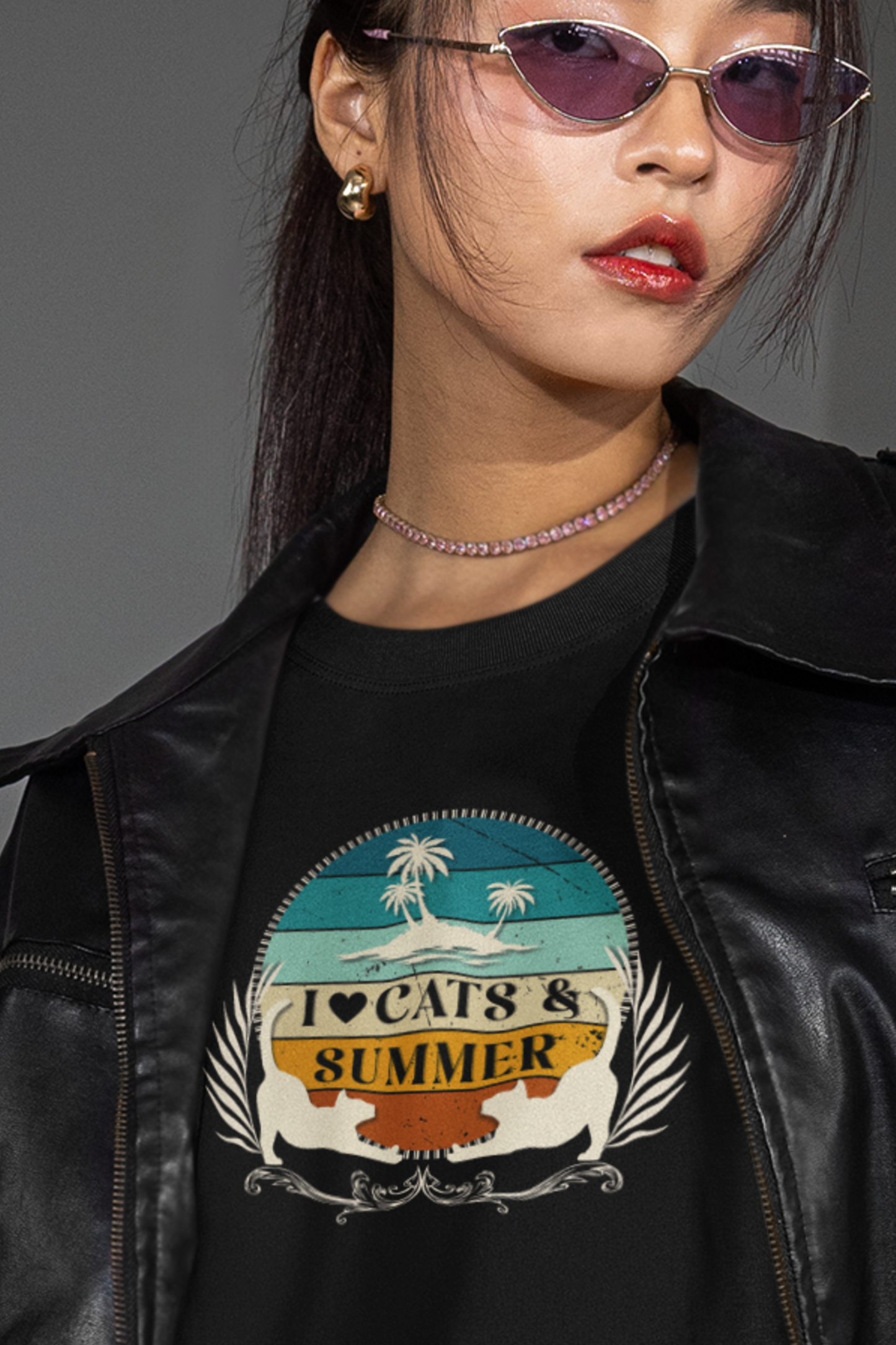 I Love Cats & Summer Graphic T-Shirt – (Summer Cat Shirt, Ideal for Cat Fans, Gift for Cat Owners)