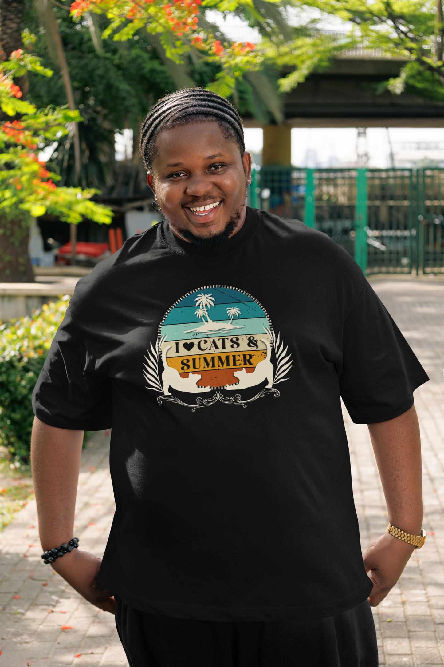 I Love Cats & Summer Graphic T-Shirt – (Summer Cat Shirt, Ideal for Cat Fans, Gift for Cat Owners)