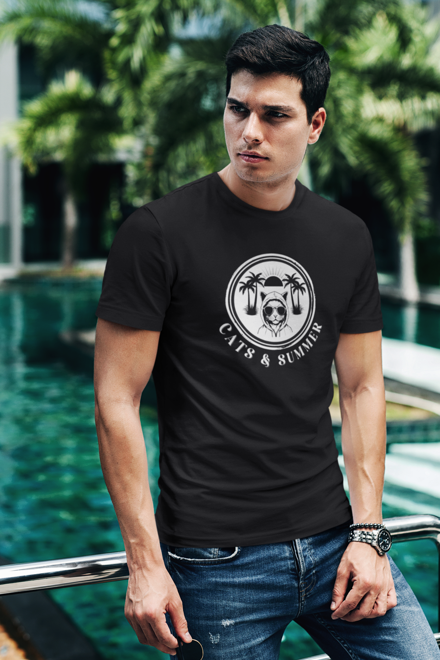 Cats & Summer Graphic T-Shirt - (Fun Summer Vibes, Perfect Gift for Cat Lovers, Beach Days, Unisex Tee)