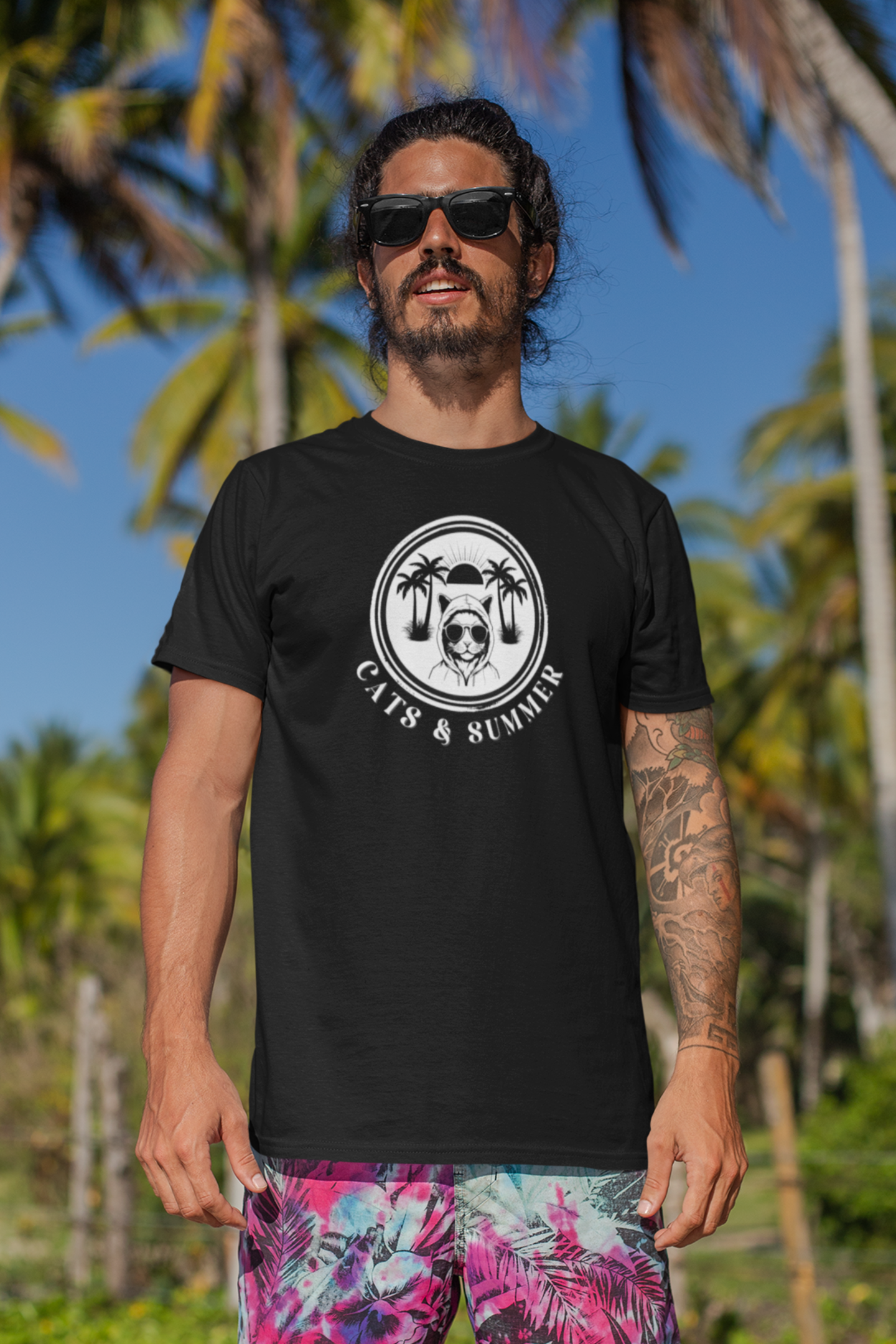 Cats & Summer Graphic T-Shirt - (Fun Summer Vibes, Perfect Gift for Cat Lovers, Beach Days, Unisex Tee)