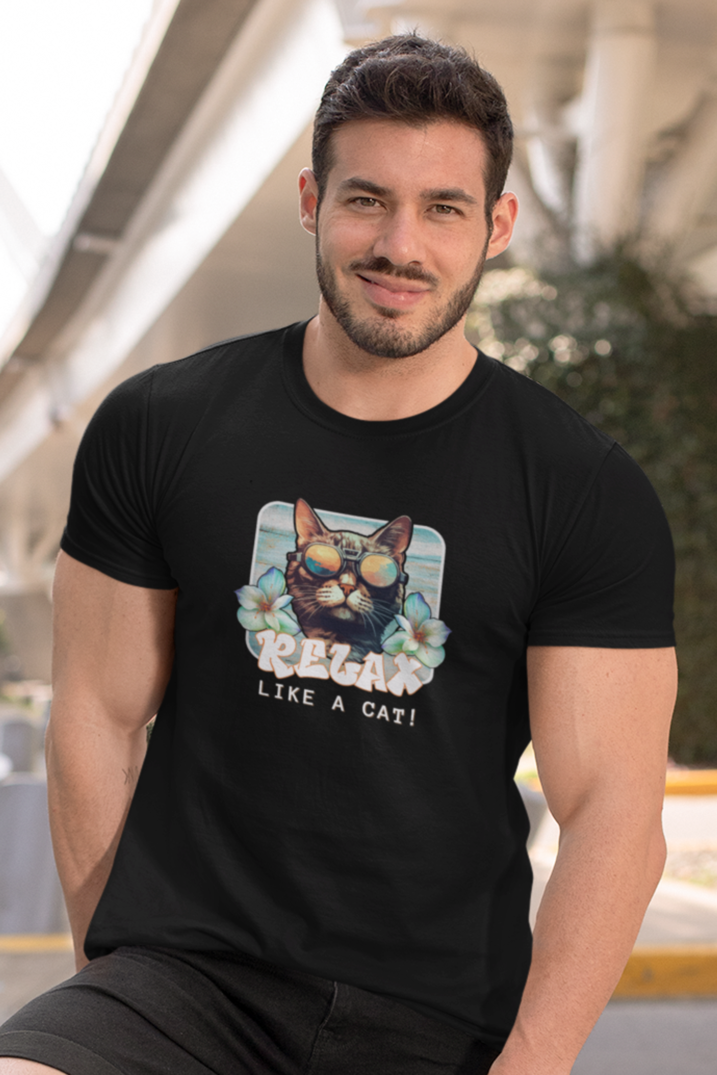 Relax Like a Cat Graphic Tee - (Cat Fan Shirt, Gift for Cat Owners, Cool Summer T-Shirt)