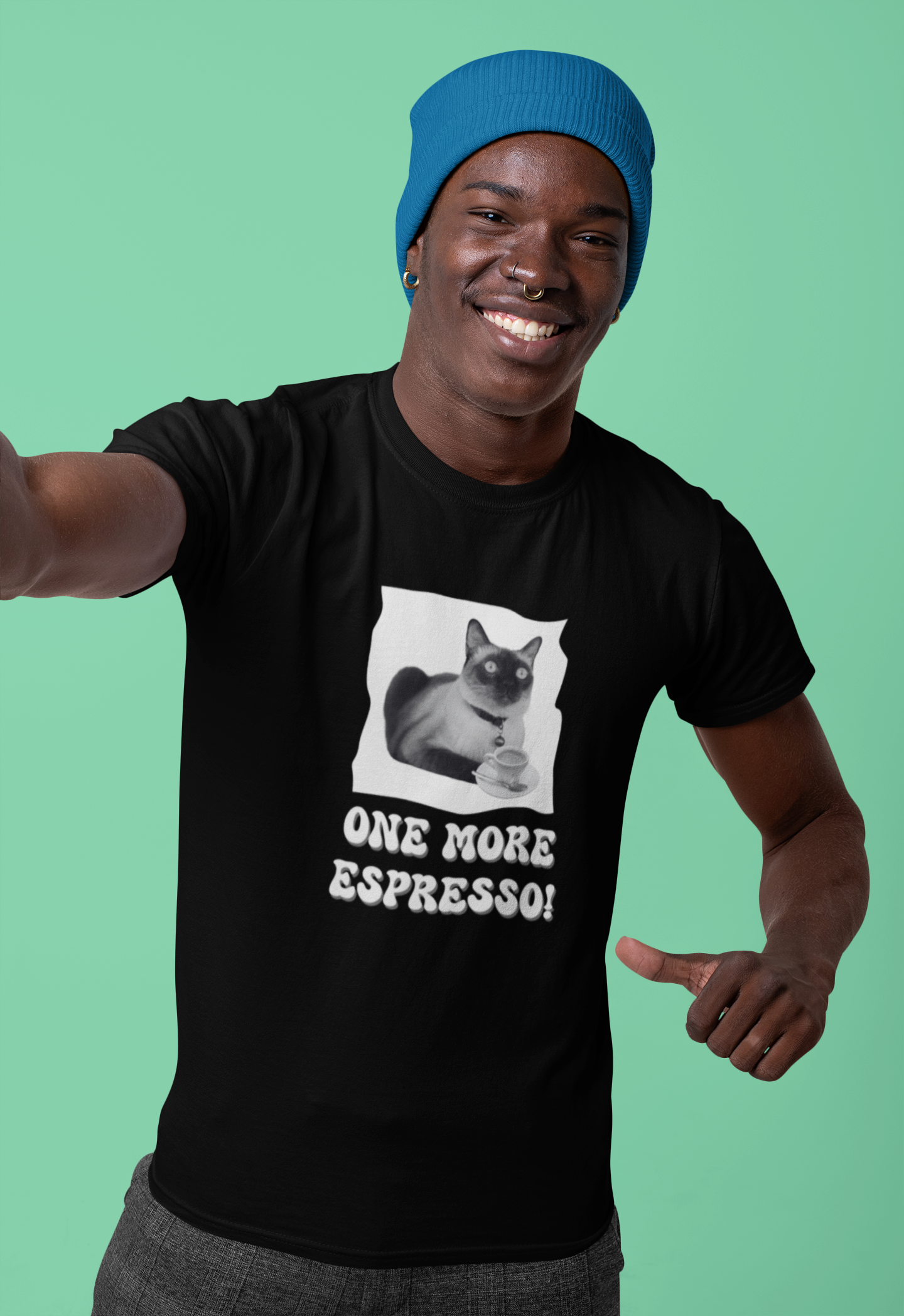 One More Espresso! - (Cat & Coffee T-Shirt #3, Black & White)