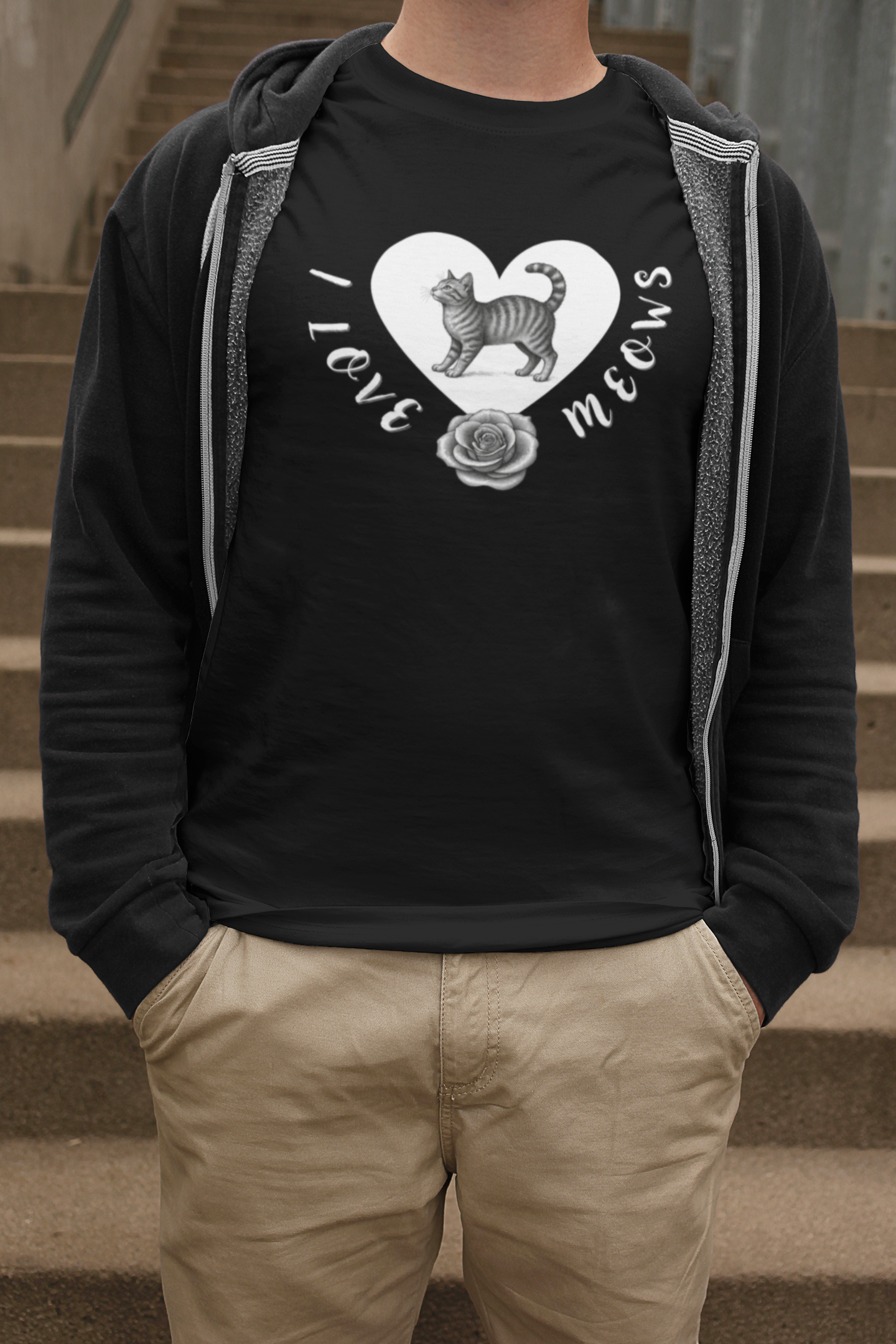 I Love Meows Cat Tee - (Tee #1, Heart, rose & cat T-shirt, Cat Lover Graphic T-Shirt)