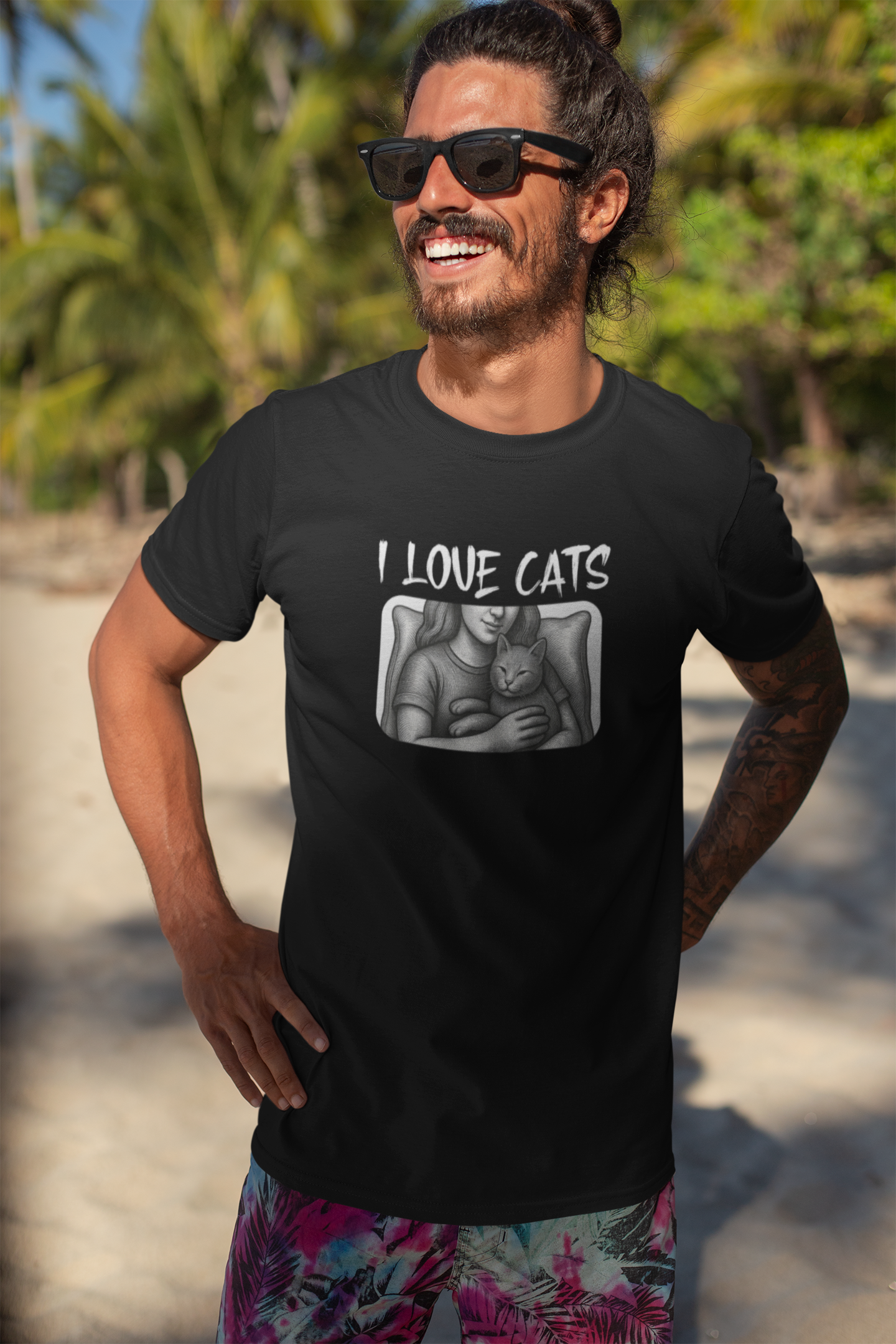 I Love Cats T-Shirt — Cat Lover Graphic Tee with Cozy Cat Cuddle Illustration