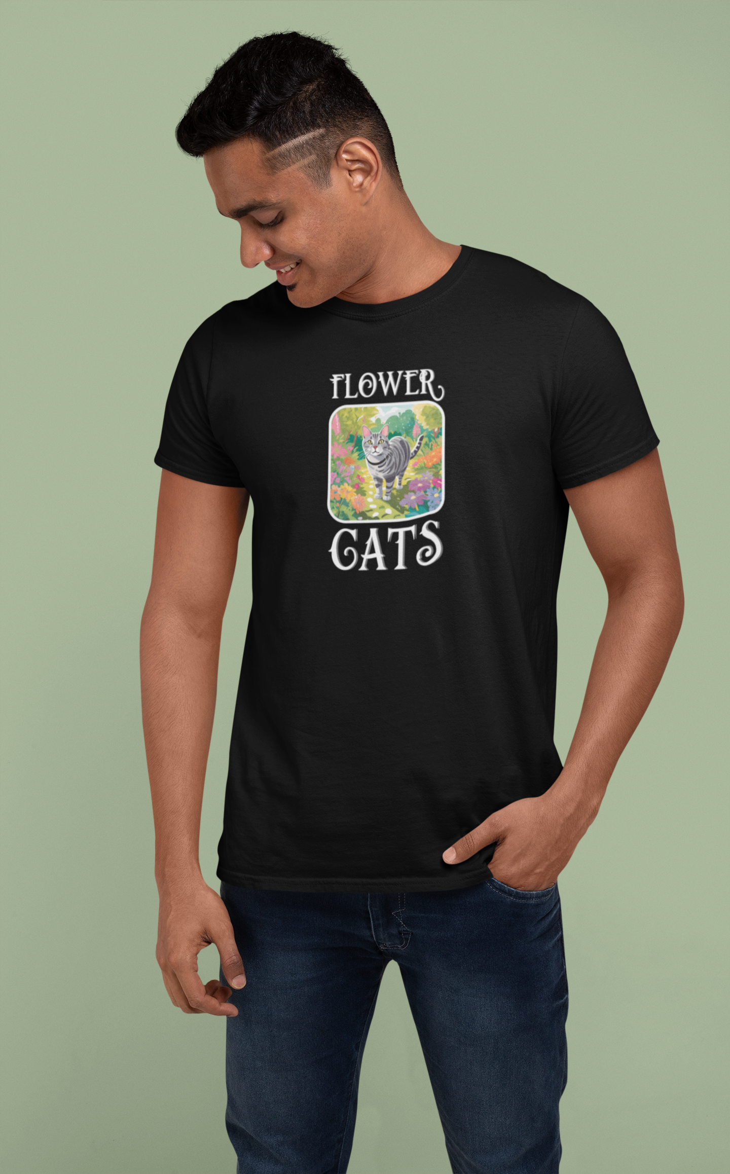 Flower Cats T-Shirts - (Flower Cats Tee #4, Cat in Wildflower Garden T-Shirt, Cat Mom Tee)