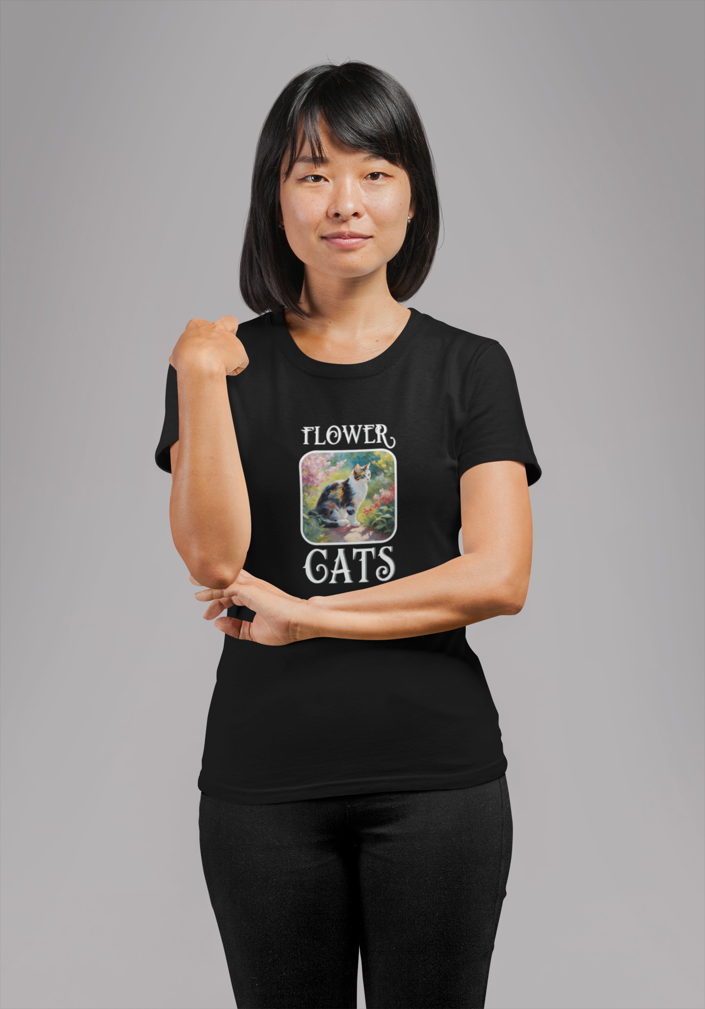 Flower Cats T-Shirt - (Flower Cat Tee #3, Calico Garden Cat T-Shirt for Cat Lovers, Cat Moms)